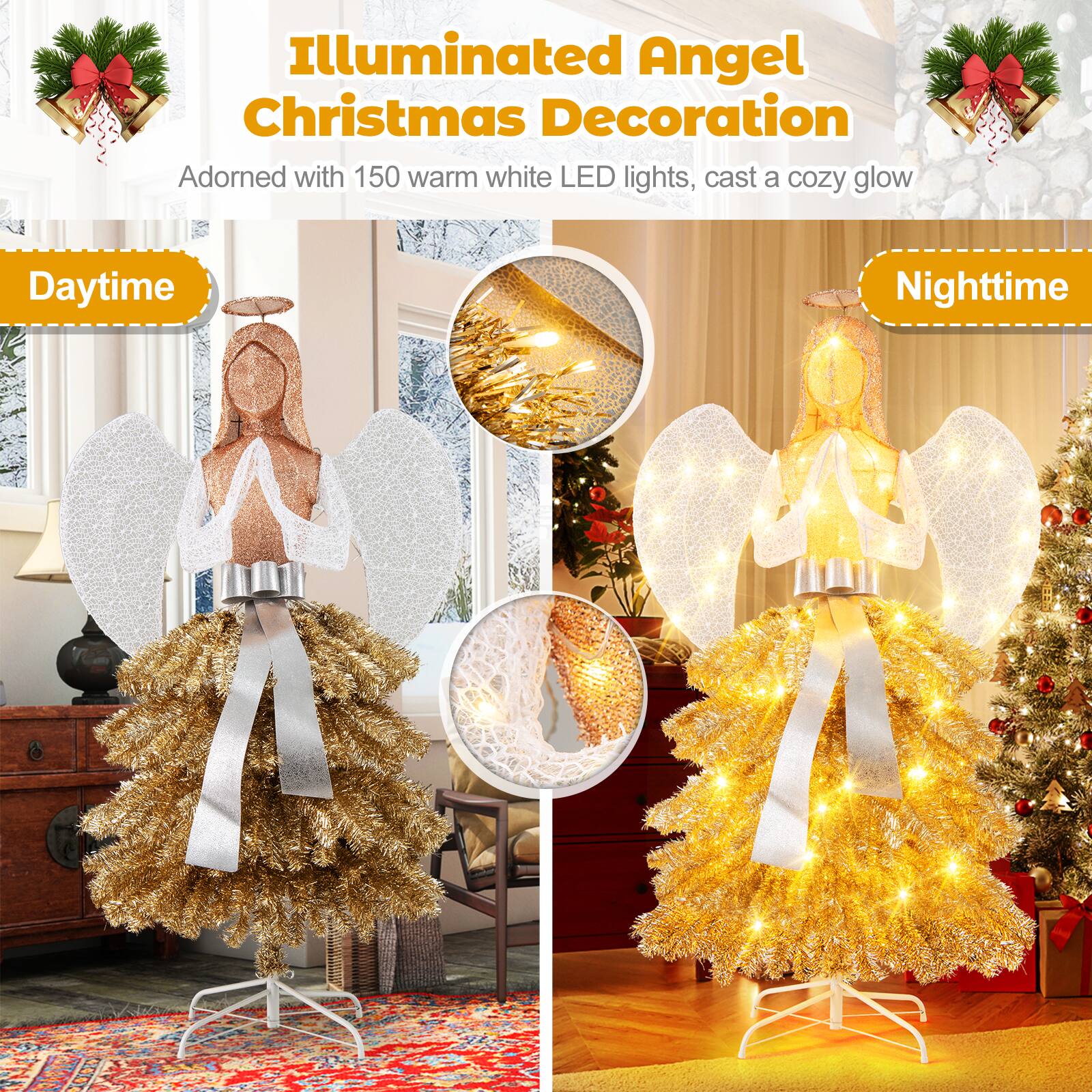 Illuminated Angel Christmas Decoration  
Adorned with 150 warm white LED lights, cast a cozy glow  

Daytime  

Nighttime