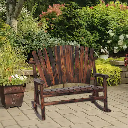 Front. Hivvago - Wooden Outdoor Rocking Adirondack Chair with Tall Backrest and Slatted Seat - Brown.