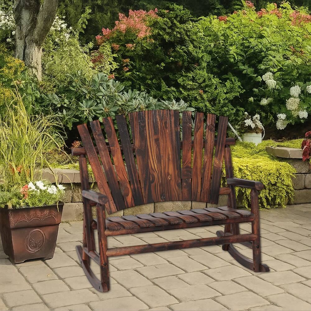 Front. Hivvago - Wooden Outdoor Rocking Adirondack Chair with Tall Backrest and Slatted Seat - Brown.