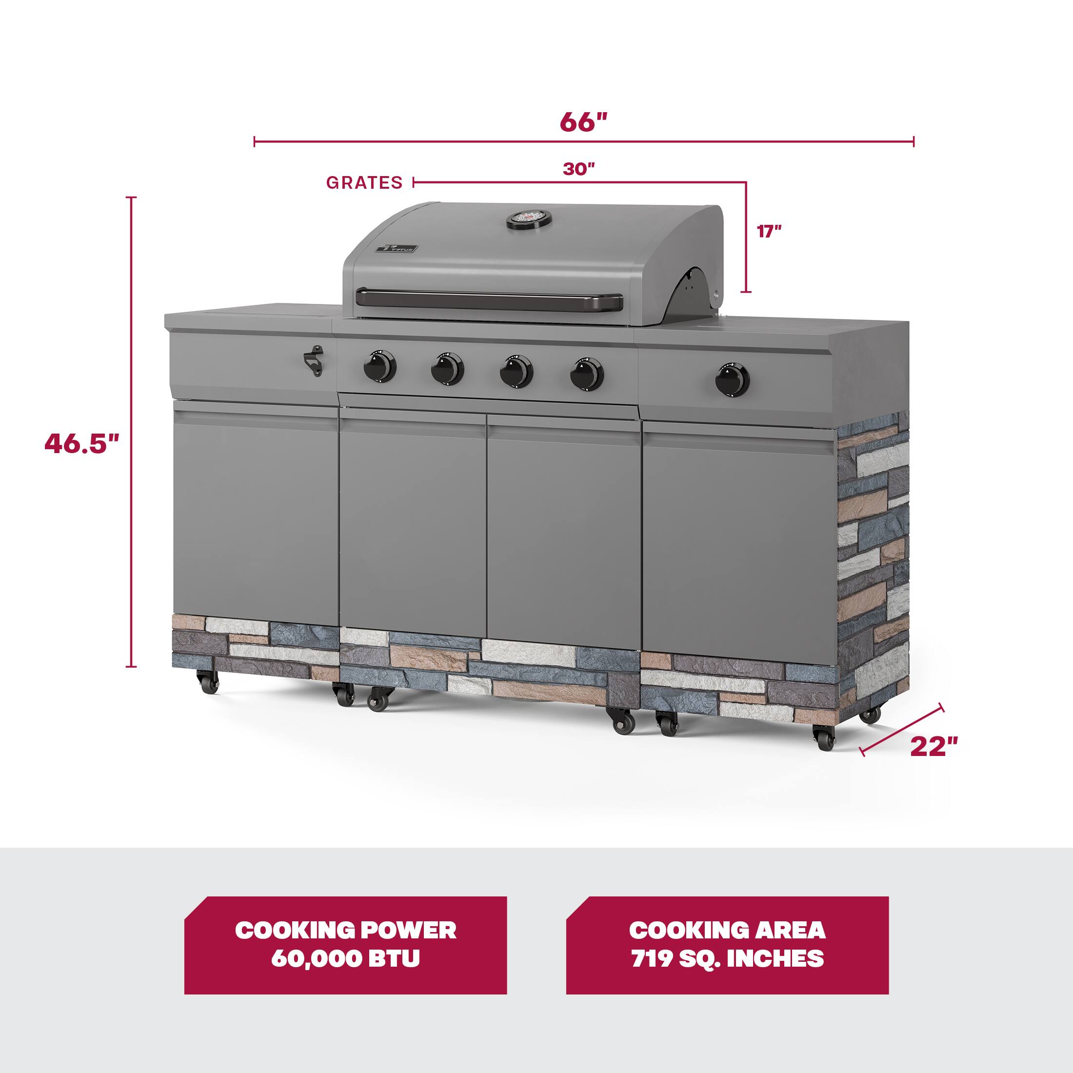 The image features a grill with a cooking area of 719 square inches and a cooking power of 60,000 BTU. The grill has a total height of 66 inches, with the grates measuring 30 inches. Additionally, the grill has a width of 17 inches.