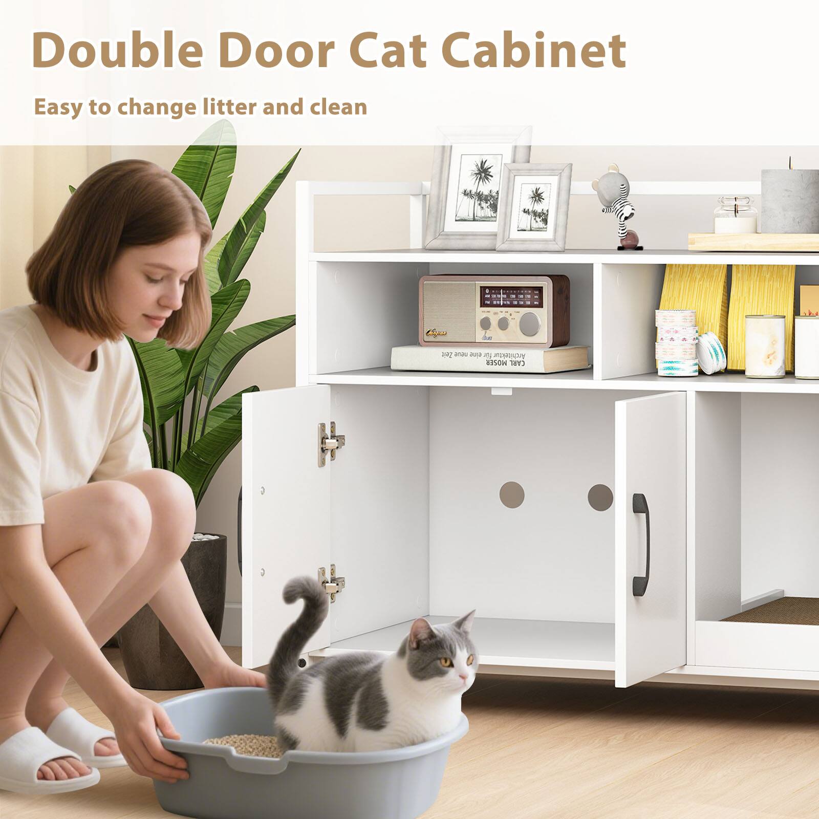 Double Door Cat Cabinet  
Easy to change litter and clean
