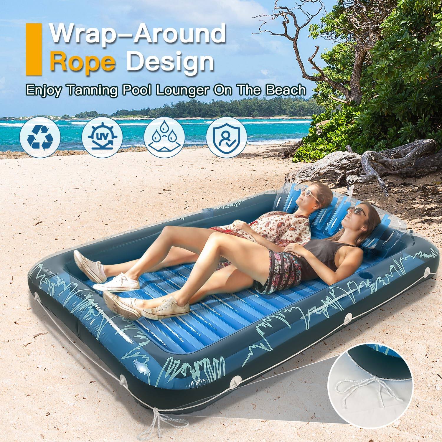 Wrap-Around Rope Design
Enjoy Tanning Pool Lounger On The Beach

- UV Protection
- Inflatable
- Eco-Friendly
- Secure Design