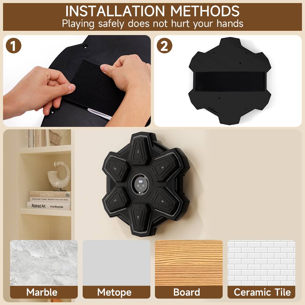 **INSTALLATION METHODS**  
Playing safely does not hurt your hands

1. [Image of hands installing a black mat]

2. [Image of a black hexagonal object]

- Marble
- Metope
- Board
- Ceramic Tile