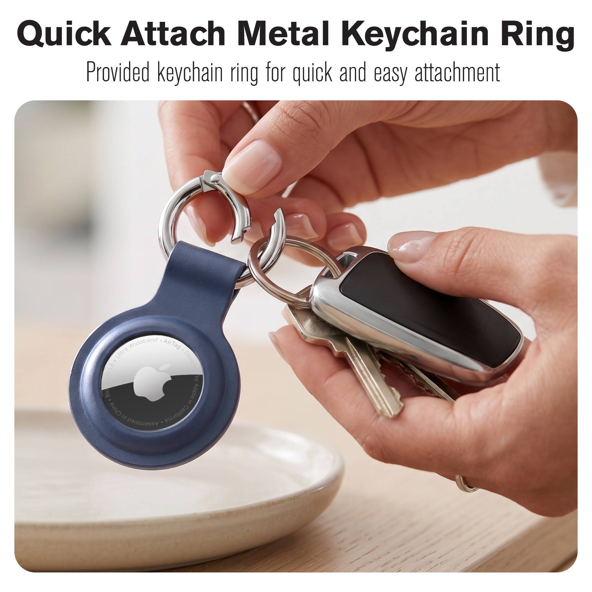Quick Attach Metal Keychain Ring  
Provided keychain ring for quick and easy attachment  
Wideband AirTag  
Unra Dese LLE 3 d Apple - China California  
UPjqUIDESN