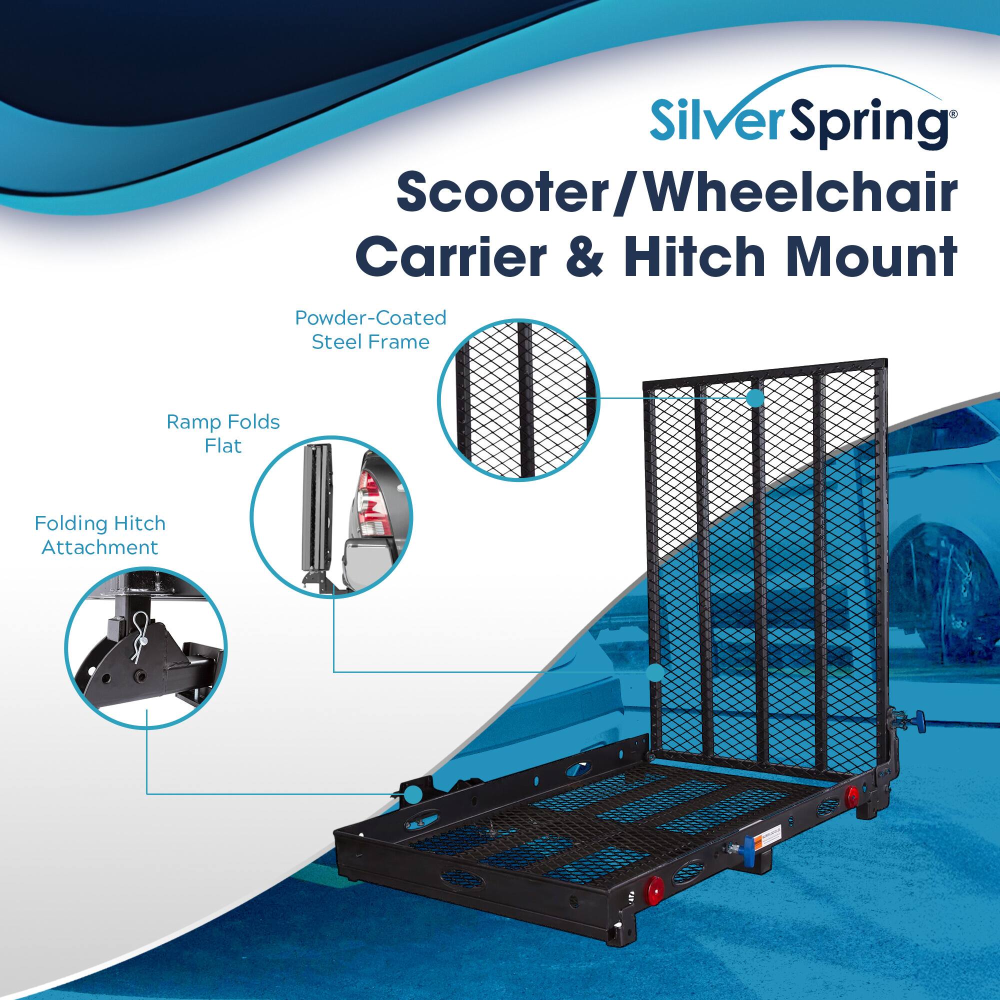 Silver Spring Scooter/Wheelchair Carrier & Hitch Mount

- Powder-Coated Steel Frame
- Ramp Folds Flat
- Folding Hitch Attachment