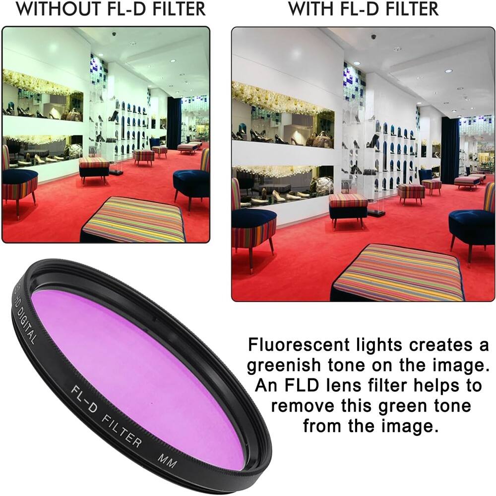 WITHOUT FL-D FILTER

WITH FL-D FILTER

Fluorescent lights create a greenish tone on the image. An FLD lens filter helps to remove this green tone from the image.