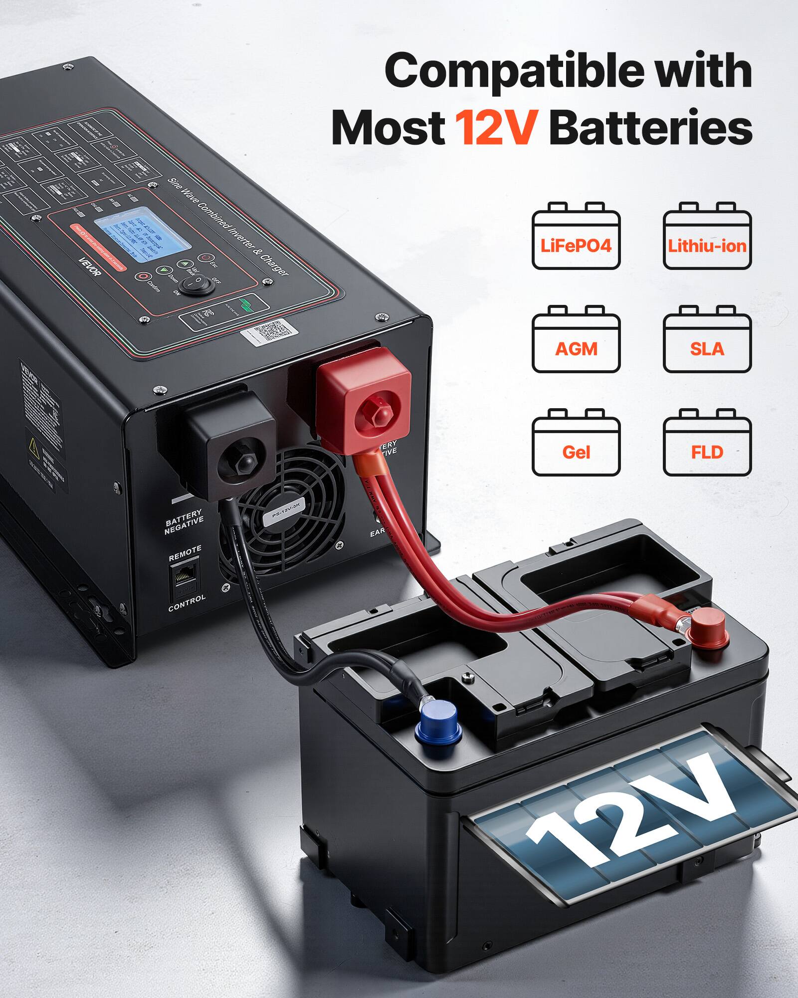 Compatible with Most 12V Batteries

VEVOR

Sine Wave Combined Inverter & Charger

LiFePO4
Lithium-ion
AGM
SLA
Gel
FLD

BATTERY REMOTE CONTROL

12V