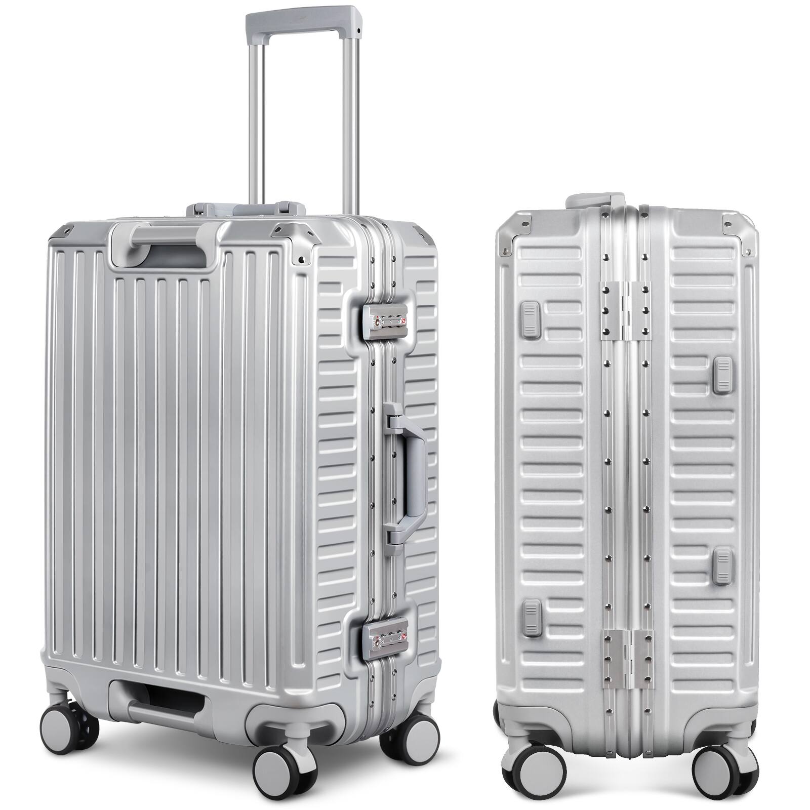 Left. Sugift - 24" Hardside Checked Luggage Aluminum Frame Lightweight Suitcase with Spinner Wheels, TSA Lock & Cup Holder - Silver.