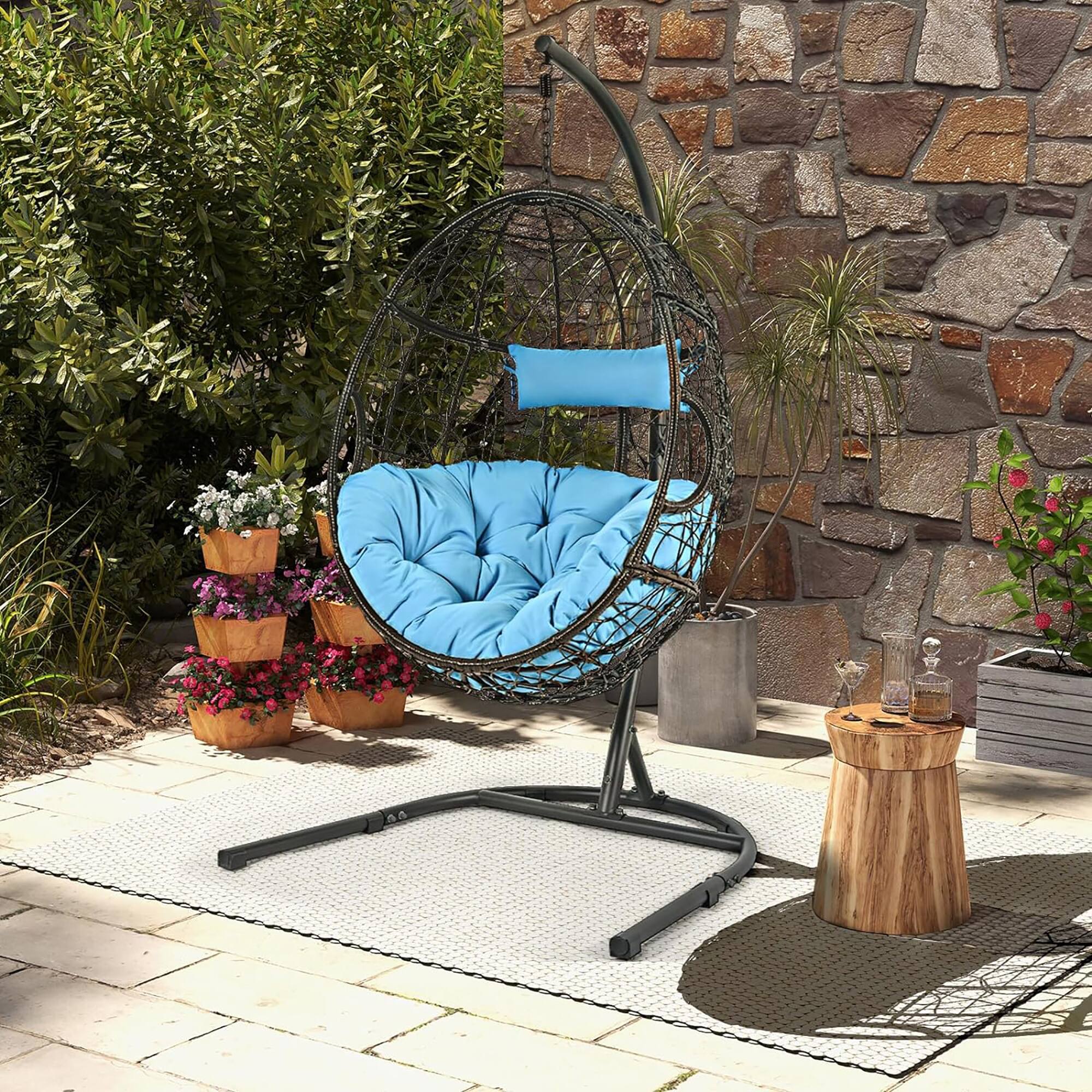 Alt View 4. Gymax - Gymax Hanging Hammock Chair Egg Swing Chair w/ Blue Cushion Pillow Stand - as pic.