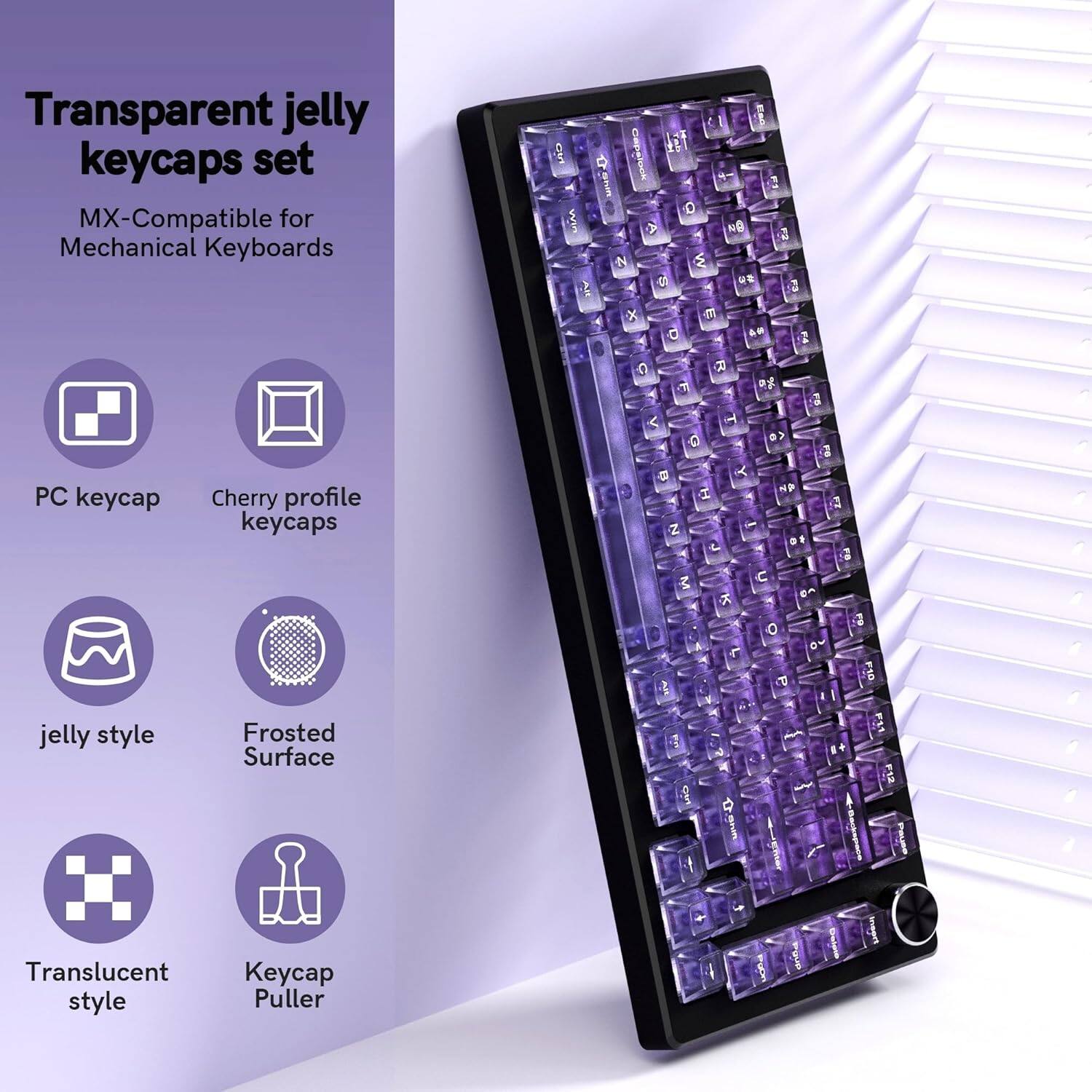 Transparent jelly keycaps set MX-Compatible for Mechanical Keyboards

- PC keycap
- Cherry profile keycaps
- jelly style
- Frosted Surface
- Translucent style
- Keycap Puller