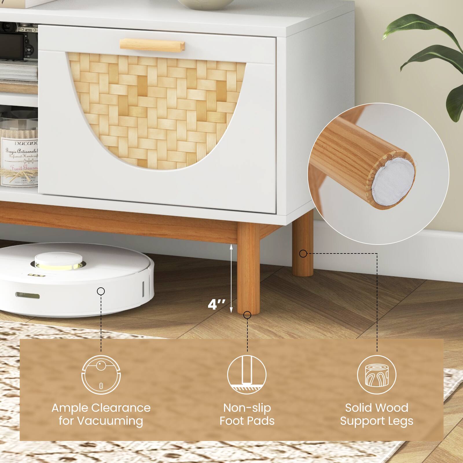 - Calicaaala Sad
- Twil
- 4" Ample Clearance for Vacuuming
- Non-slip Foot Pads
- Solid Wood Support Legs