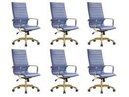 LeisureMod - Set of 6 Harris High-Back Leather Upholstered Office Task Chair with Gold Steel Frame and Swivel - Navy Blue