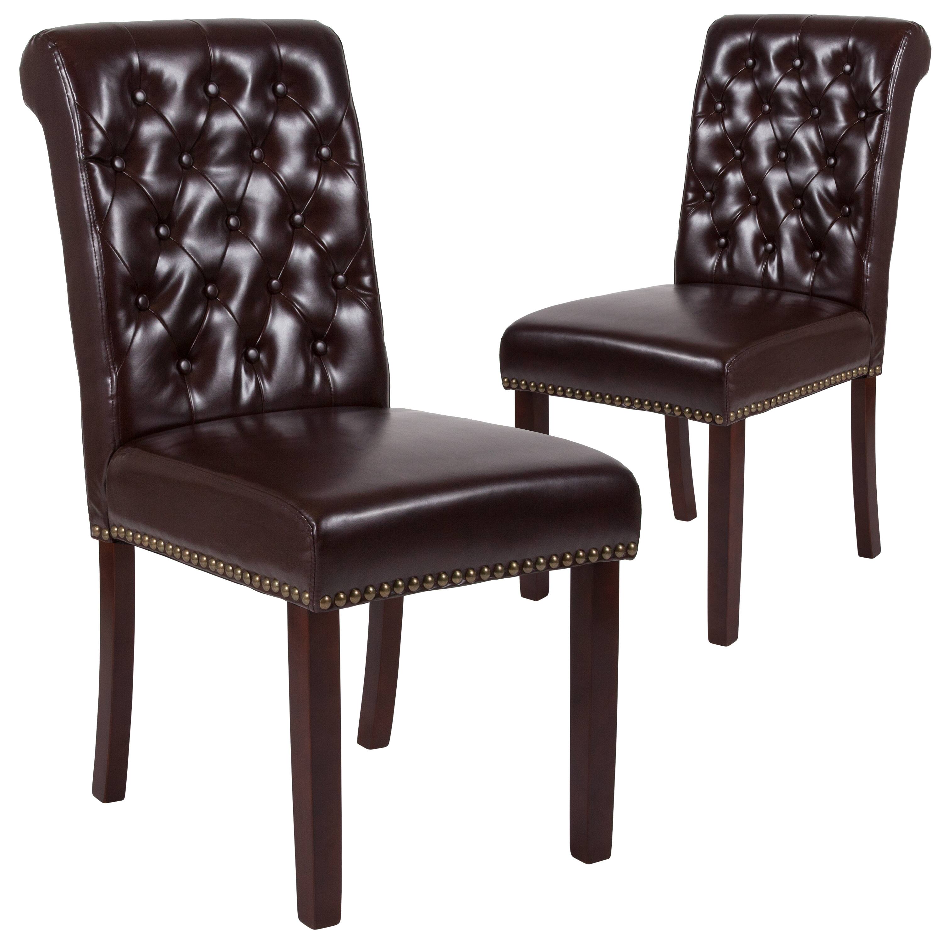 Alt View 1. Emma + Oliver - 2 PK Upholstered Rolled Back Parson's Chair with Nailhead Trim & Finished Frame with Plastic Floor Glides - Brown LeatherSoft.