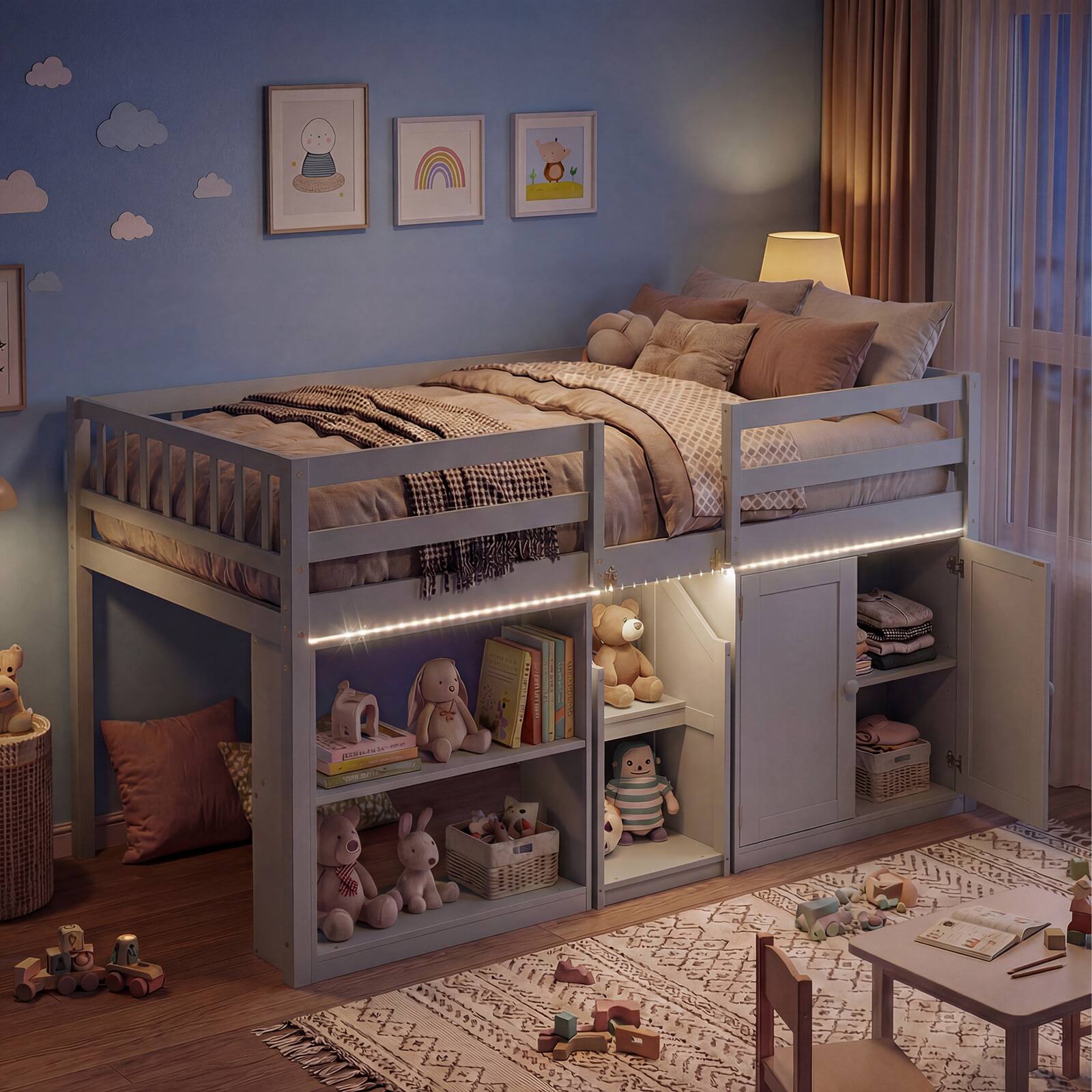 Alt View 5. Costway - Costway Low Loft Bed with LED Light, Stairs & Guardrails, Modern Wood Kids Twin Bed - Gray.