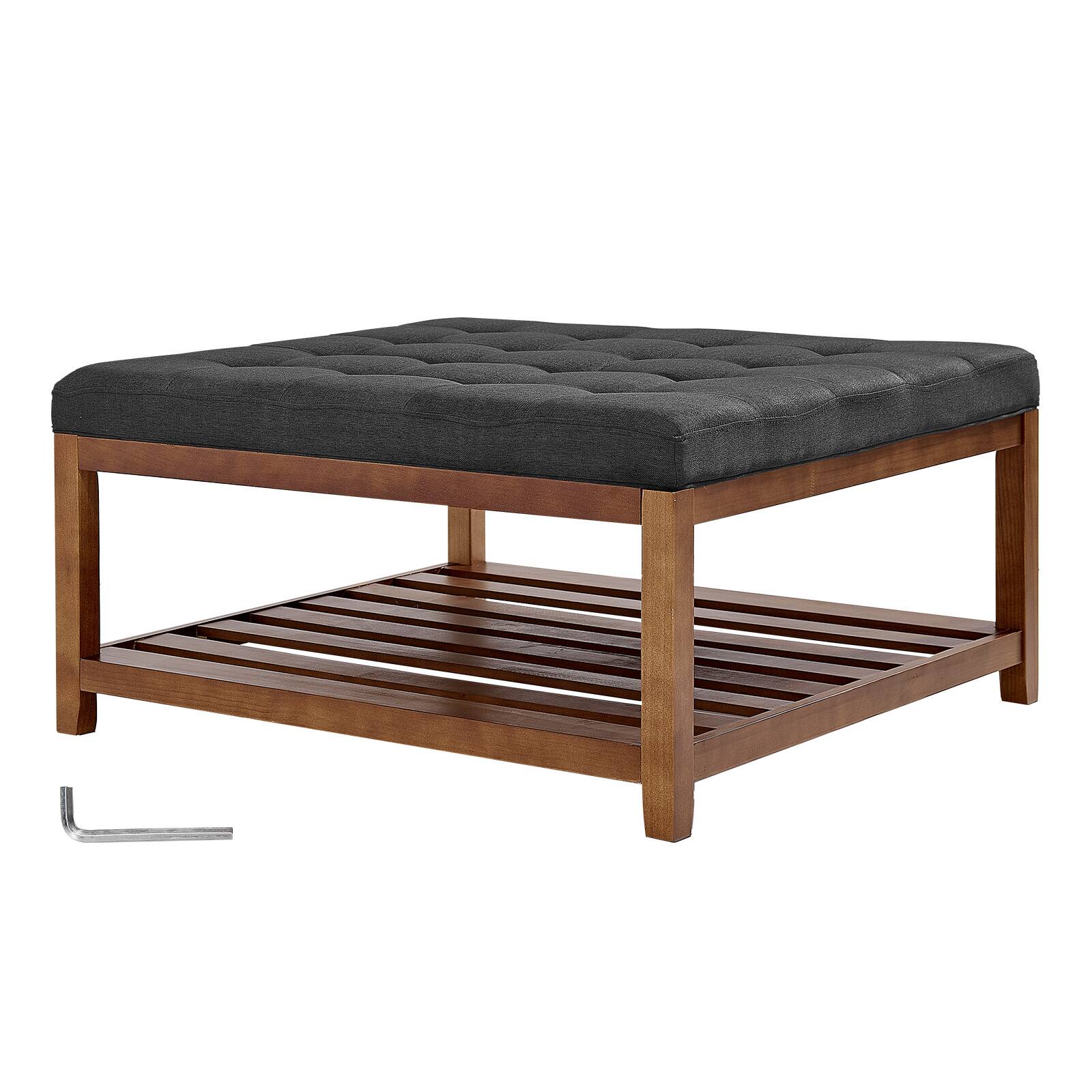 Alt View 5. VEVOR - Large Square Ottoman Coffee Table, 34.5 Inch Tufted Coffee Table with Solid Wood Shelf Storage, Linen Solid Upholstered - Dark Gray.