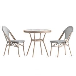 Emma + Oliver - Massalia Indoor/Outdoor Bistro Style 31.5 in. Table with Textilene, Glass Top, and Two Chairs - Metal Frame - Black & White Textilene/Light Natural Frame