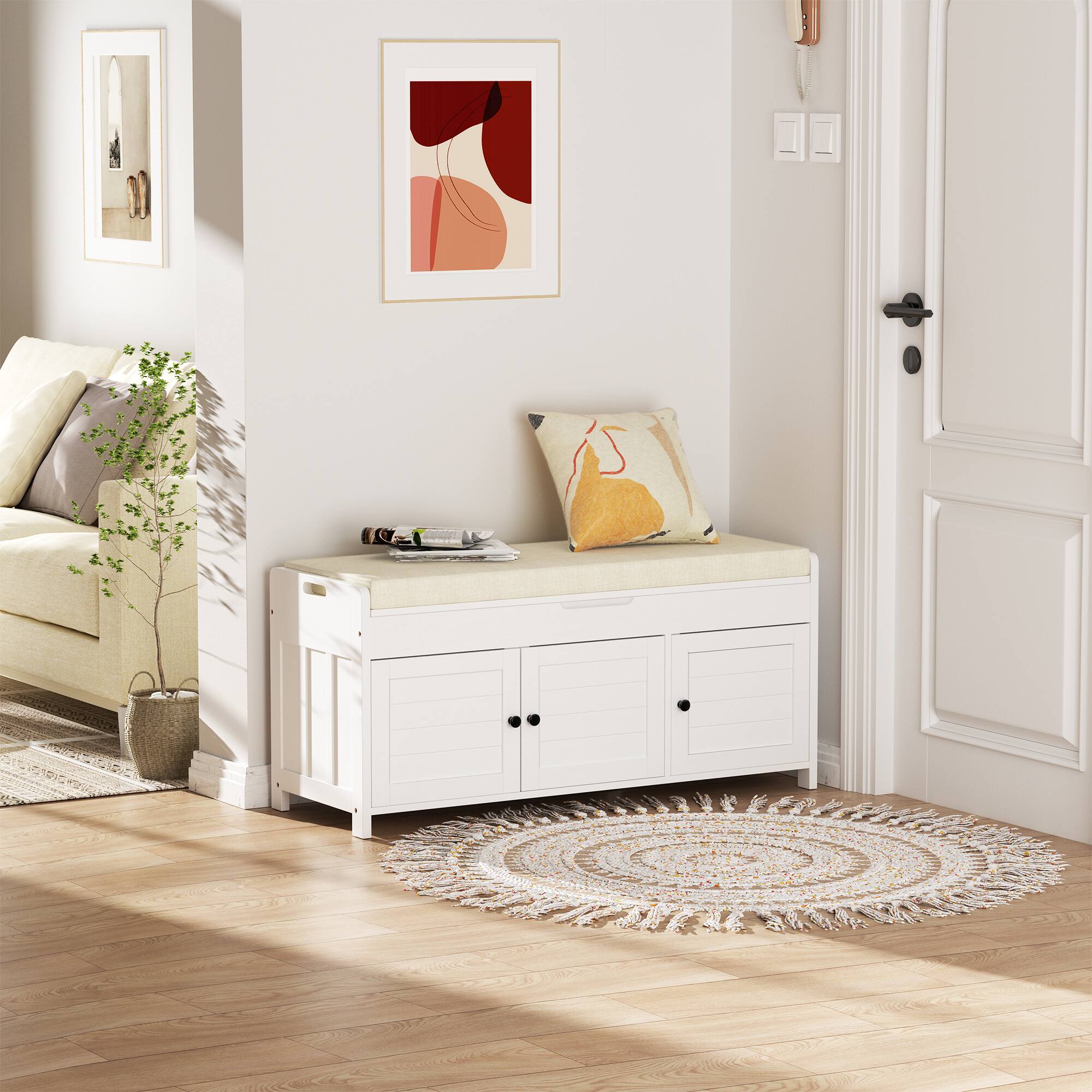 Alt View 4. LOVMOR - 43.5-in W x 20-in H x 16-in D White Storage Bench for Entryway with Cushion and Hidden Storage - White.