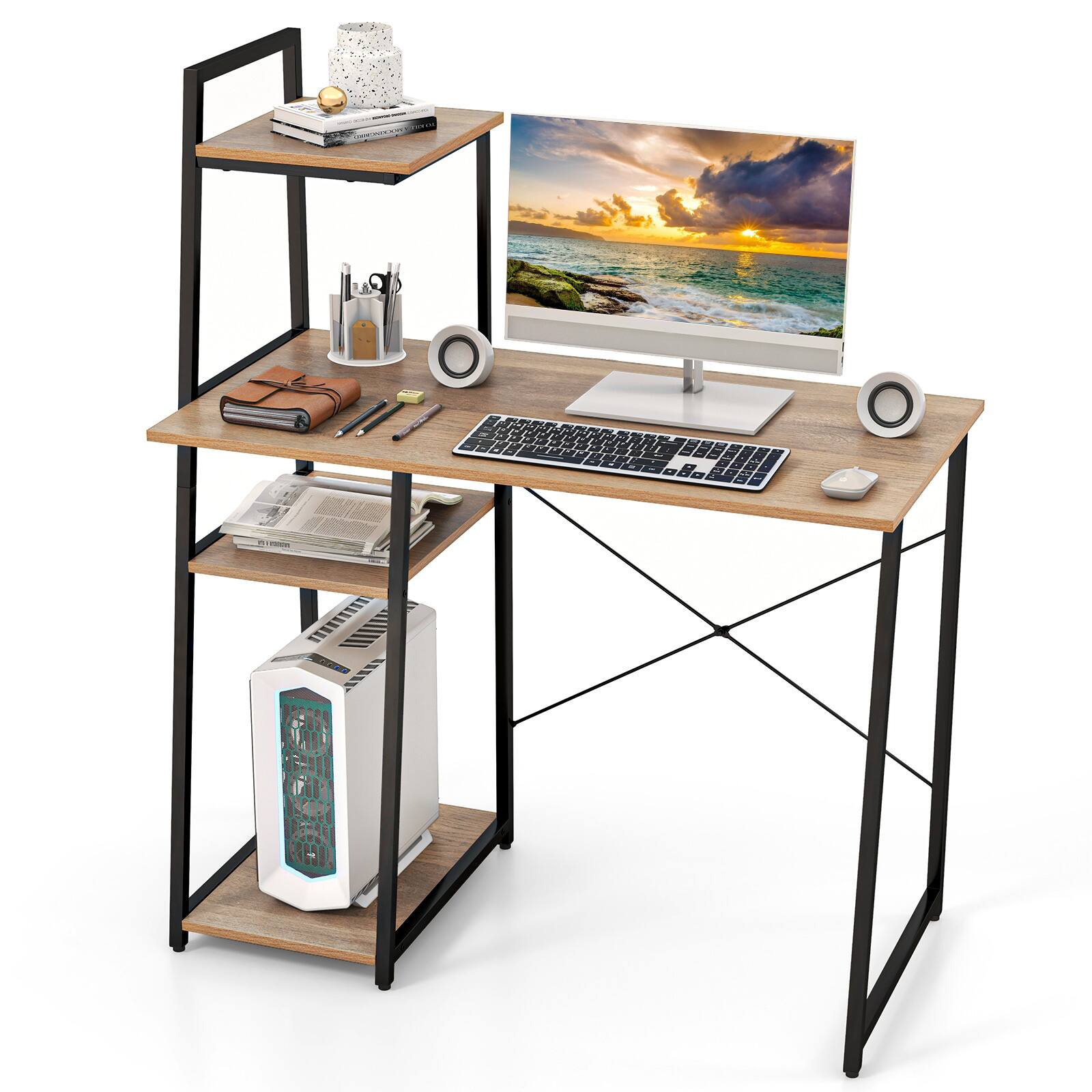 Alt View 9. Ecooso - Computer Desk with Shelves, 3-Tier Bookshelf Storage Workstation for Home Office - Natural.