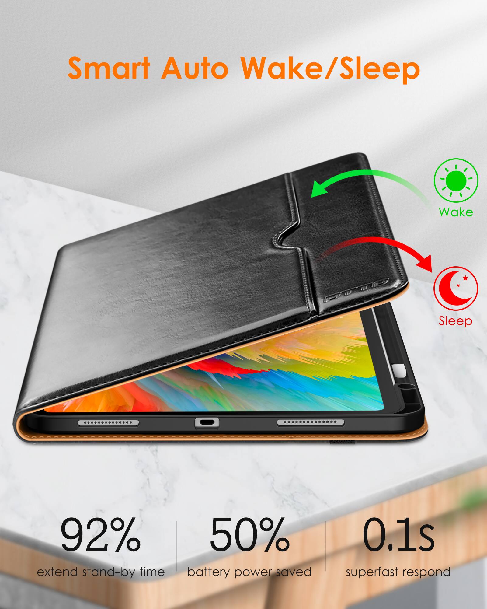 Smart Auto Wake/Sleep

- 92% extend stand-by time
- 50% battery power saved
- 0.1s superfast respond

Wake
Sleep
