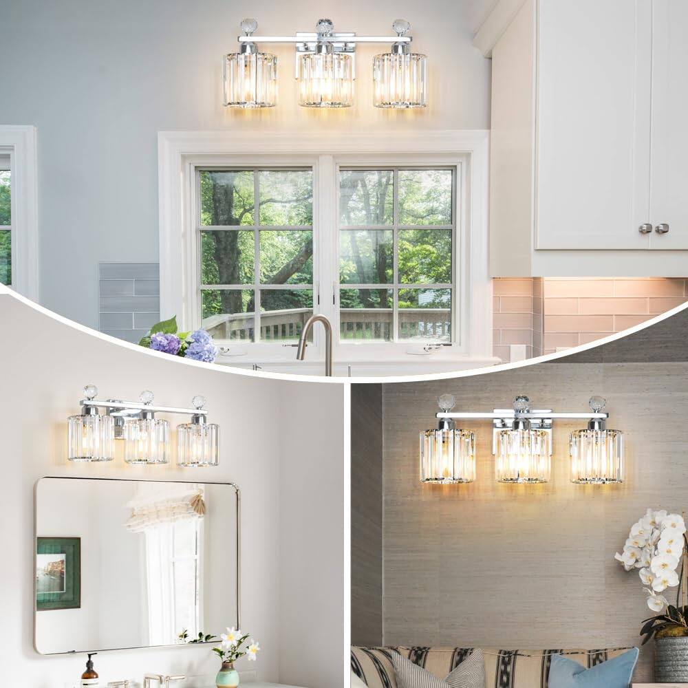 Alt View 1. Dazzling Pops - Modern Crystal Bathroom Vanity Light s Fixtures Chrome Over Mirror Bath Vintage Wall Mounted Lamps For Livi - Black+Gold 3 light-Round.