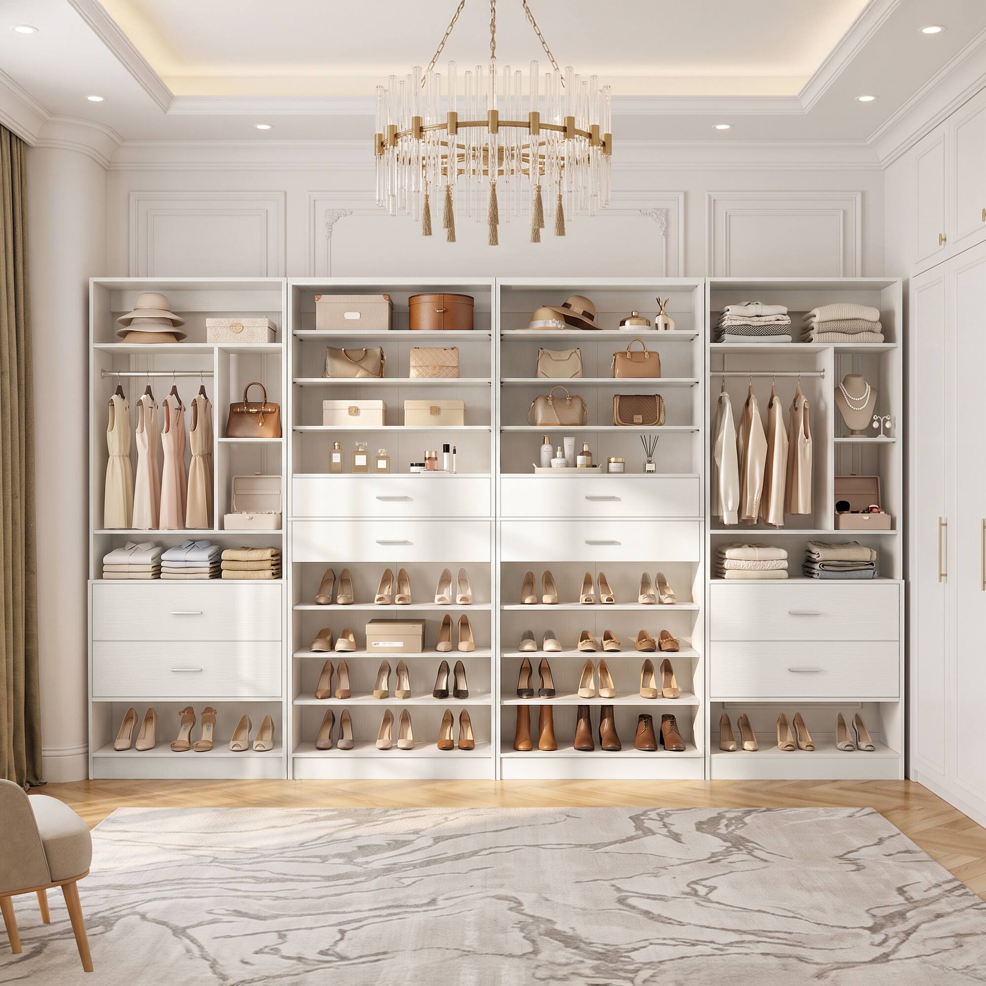 Left. Aheaplus - Dual-Use Organizer Set: 10-Tier Shoe Cabinet with Drawers + 24" Closet System – Maximize Space in Any Room - White.