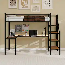 Loheer - Twin Loft Bed with L Shaped Desk and Storage Stairs Sturdy Space Saving Frame No Box Spring Needed - Black