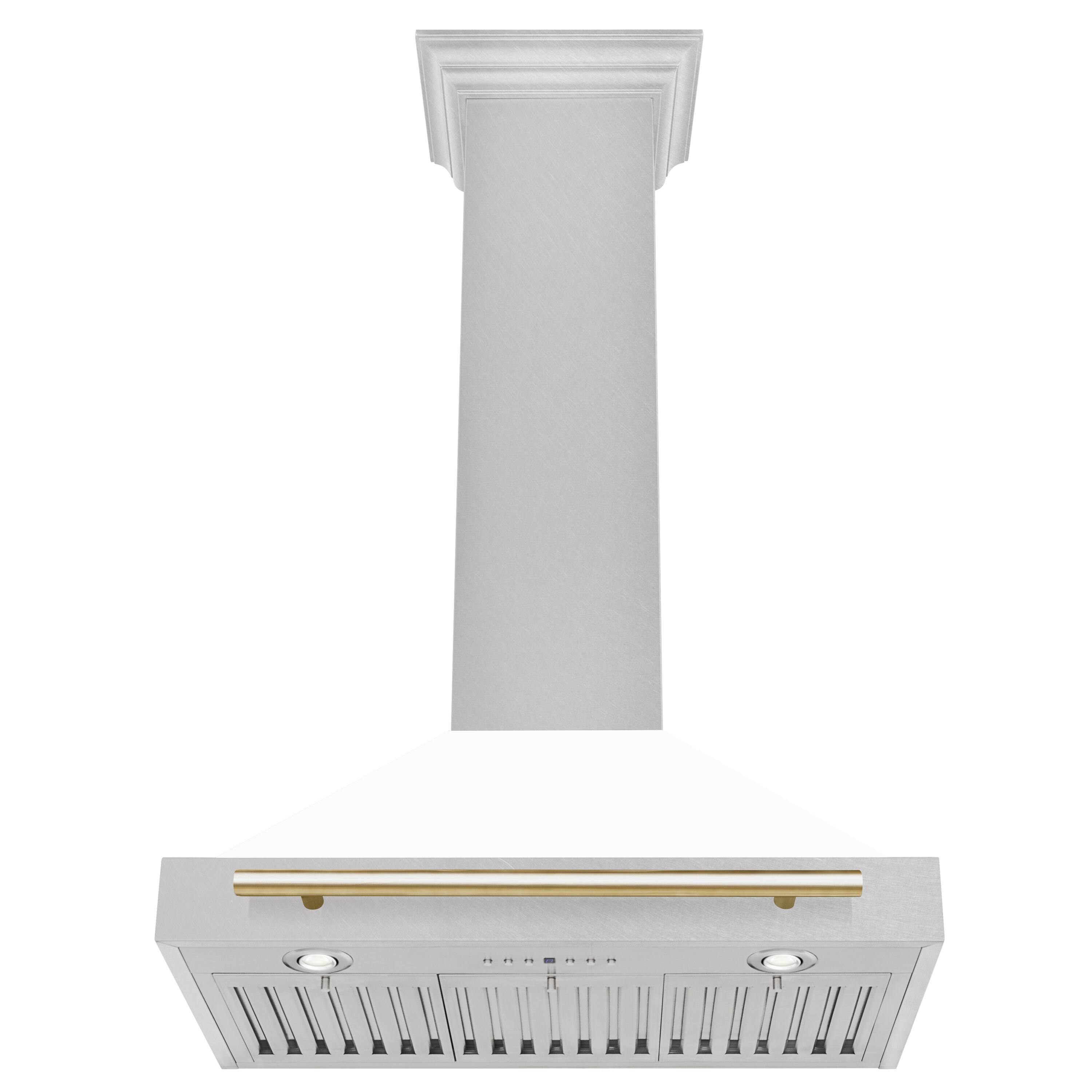 Angle. ZLINE - Autograph 30 in. Convertible Satin Stainless Steel Wall Mount Range Hood with White Matte Shell and Polished Gold Handle - Stainless steel.