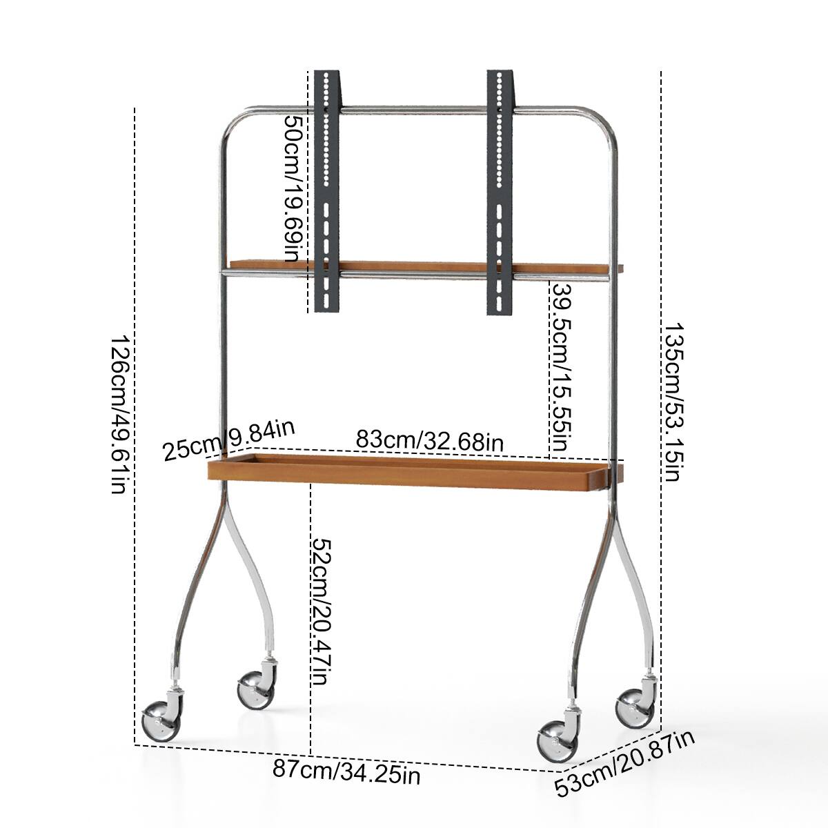 Sure, here is the corrected and grouped text from the image:

- **Height:** 126cm/49.61in
- **Width:** 135cm/53.15in
- **Depth:** 39.5cm/15.55in
- **Shelf Height:** 50cm/19.69in
- **Shelf Width:** 83cm/32.68in
- **Leg Width:** 53cm/20.87in
- **Leg Height:** 87cm/34.25in
- **Leg Base Width:** 52cm/20.47in
- **Shelf Thickness:** 25cm/9.84in