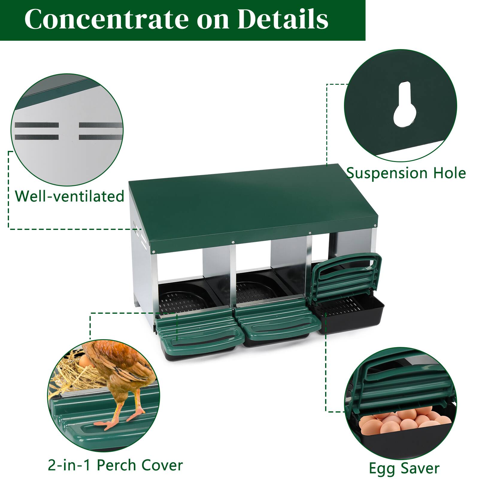 Alt View 1. Winado - Chicken Nesting Boxes, 3 Hole Metal Chicken Egg Laying Box for Chicken Coop - Green.