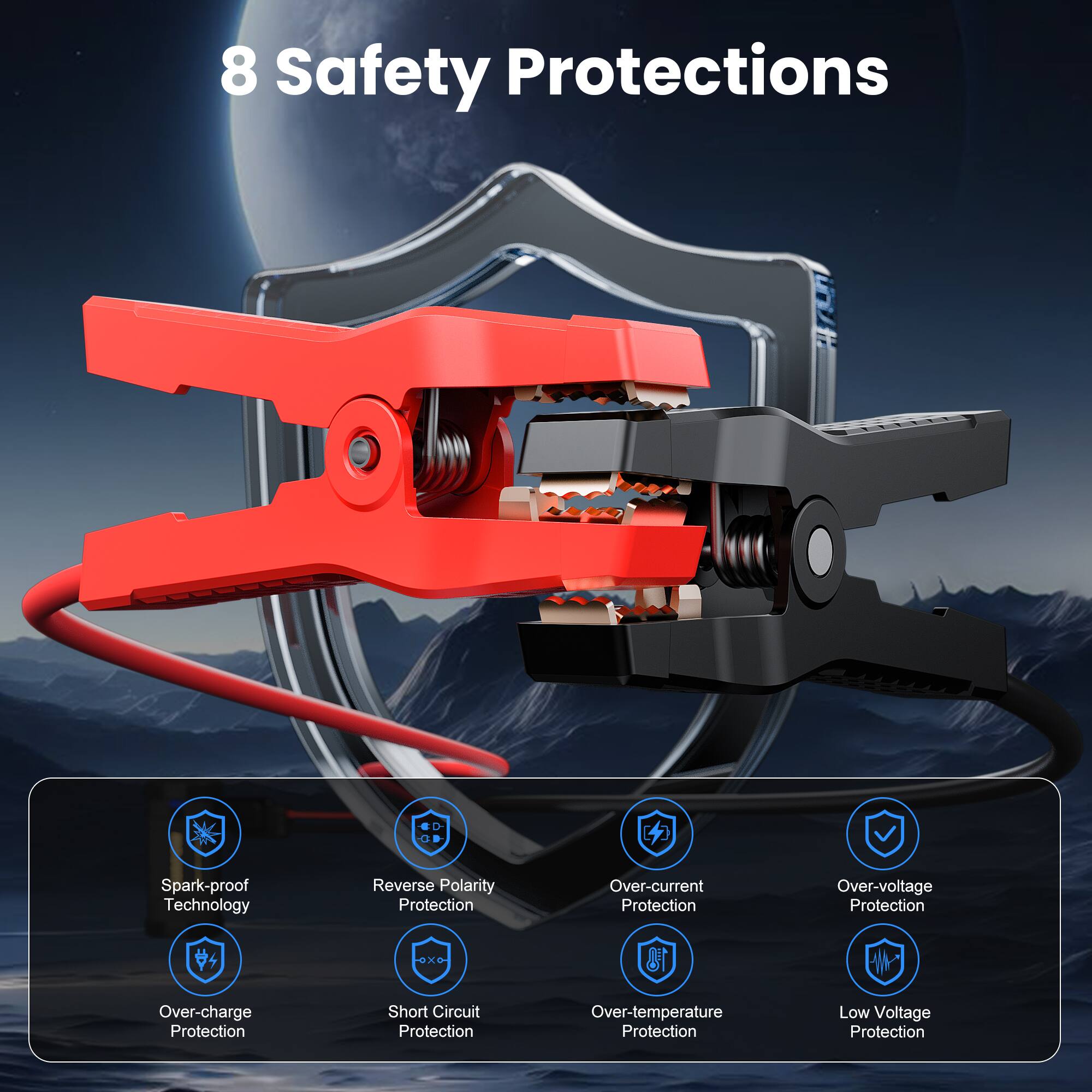 8 Safety Protections

- Spark-proof Technology
- Reverse Polarity Protection
- Over-current Protection
- Over-voltage Protection
- Over-charge Protection
- Short Circuit Protection
- Over-temperature Protection
- Low Voltage Protection