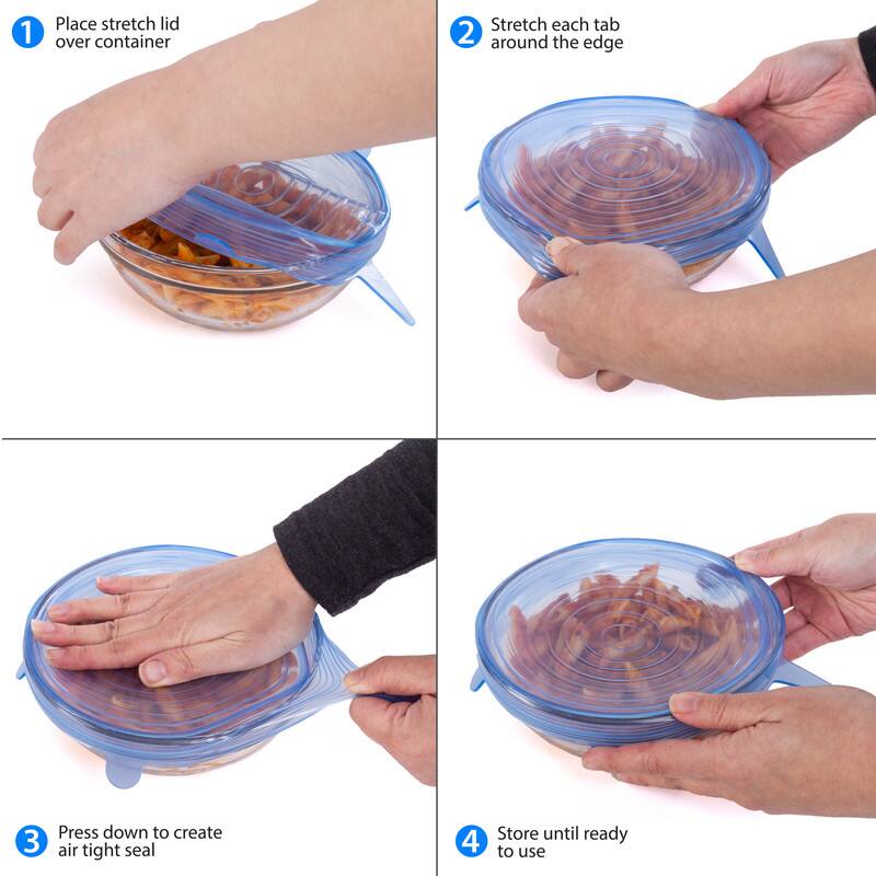 1. Place stretch lid over container
2. Stretch each tab around the edge
3. Press down to create air tight seal
4. Store until ready to use