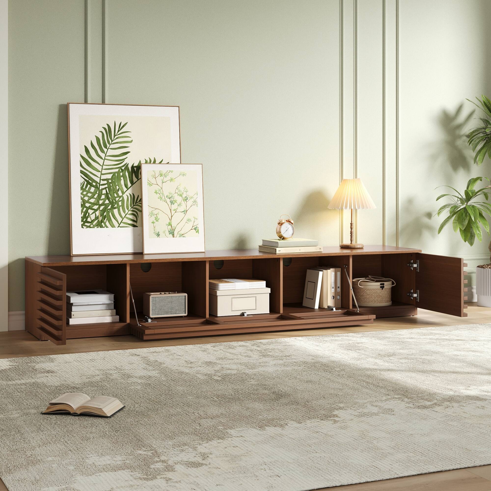 Back. MERAVOM - Modern TV Stand for TVs up to 90", Entertainment Center with Storage Cabinets, Flip-Down Doors for Living Room - Walnut.