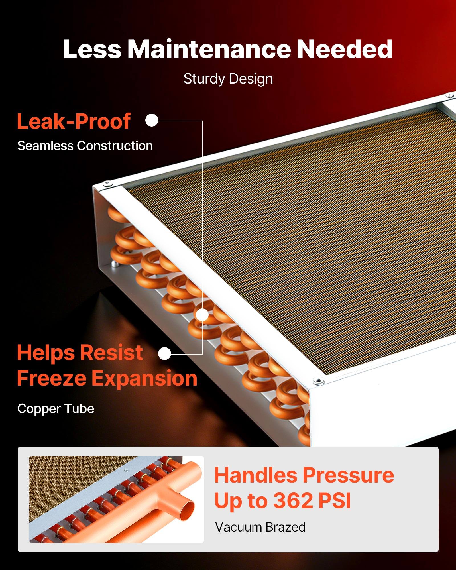 Less Maintenance Needed  
Sturdy Design  
Leak-Proof  
Seamless Construction  
Helps Resist Freeze Expansion  
Copper Tube  
Handles Pressure Up to 362 PSI  
Vacuum Brazed