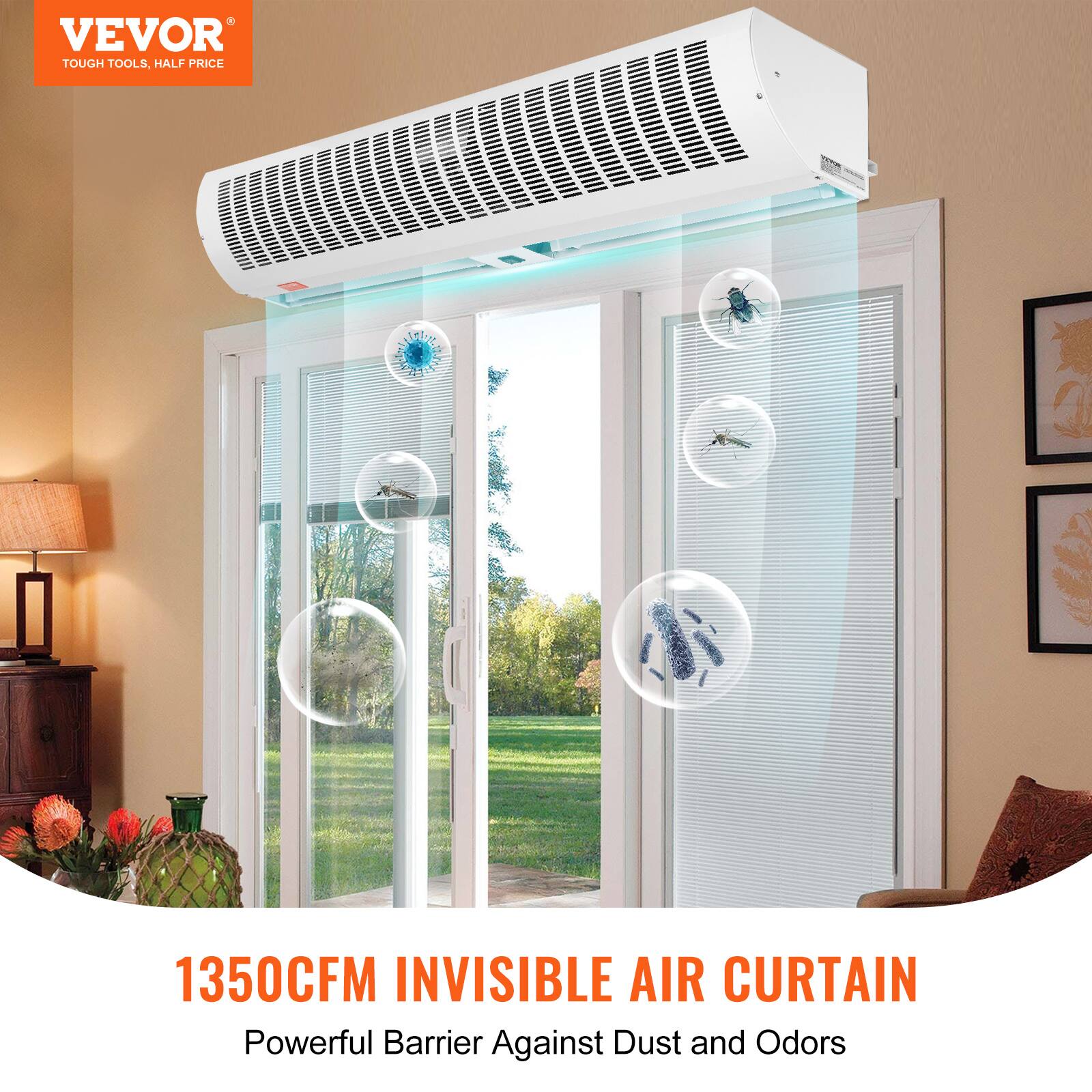VEVOR TOUGH TOOLS, HALF PRICE  
1350CFM INVISIBLE AIR CURTAIN  
Powerful Barrier Against Dust and Odors