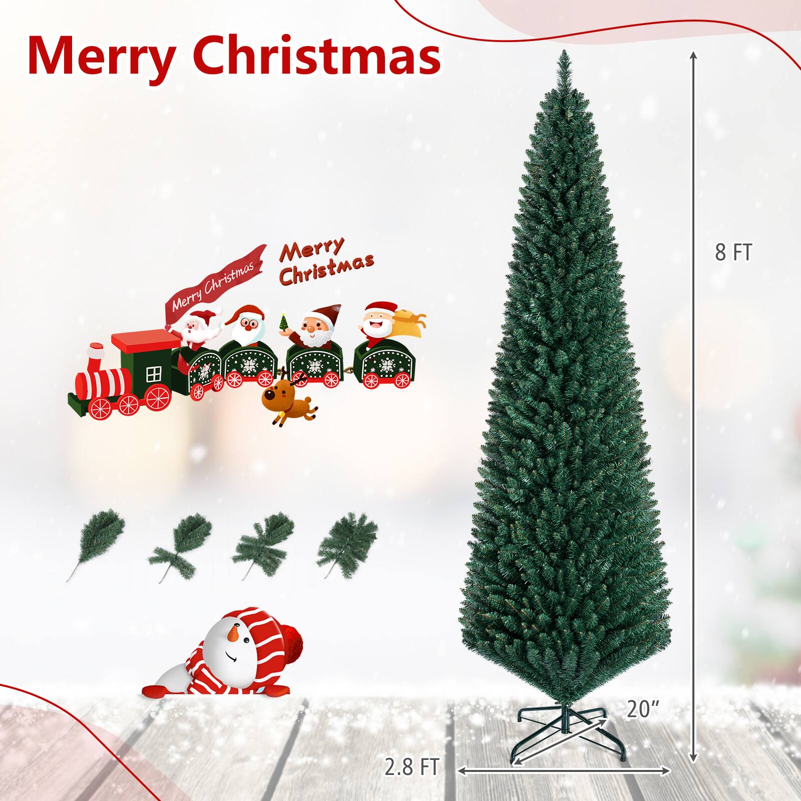 Costway 8 FT Artificial Slim Pencil Christmas Tree Balsam Fir Green ...