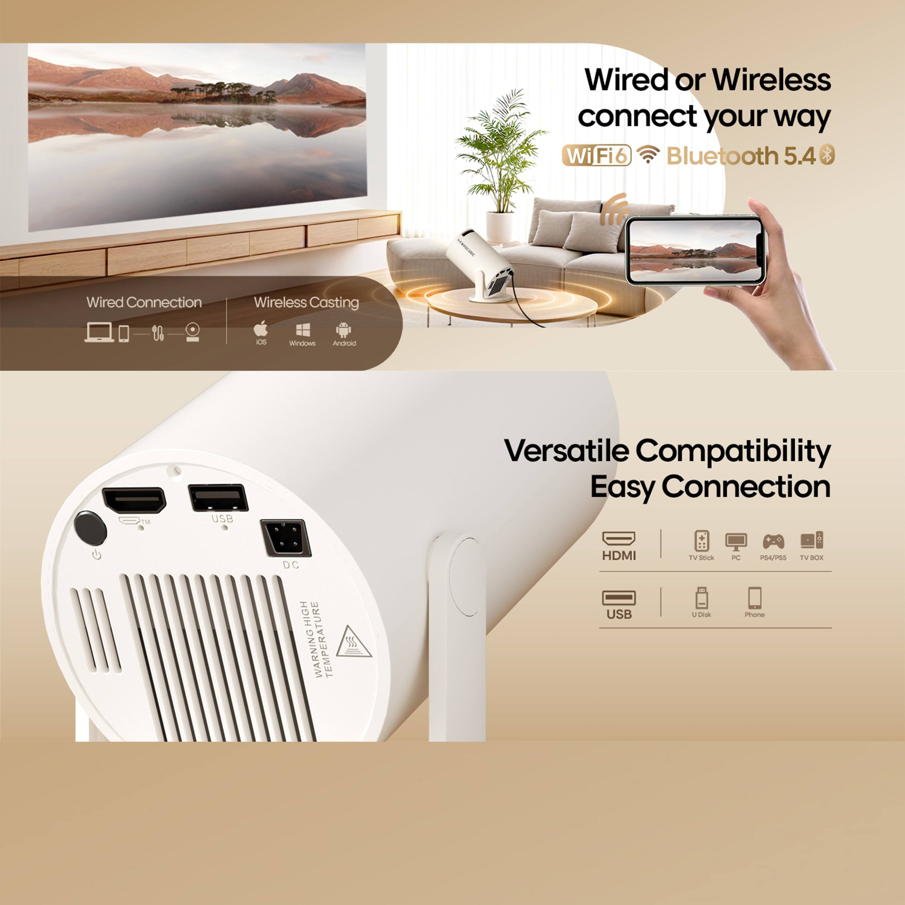 Wired or Wireless connect your way  
WiFi6 Bluetooth 5.4  
Wired Connection Wireless Casting  
Versatile Compatibility Easy Connection  
HDMI USB  
TV Stick PC PS4/PS5 TV BOX  
USB U Disk Phone