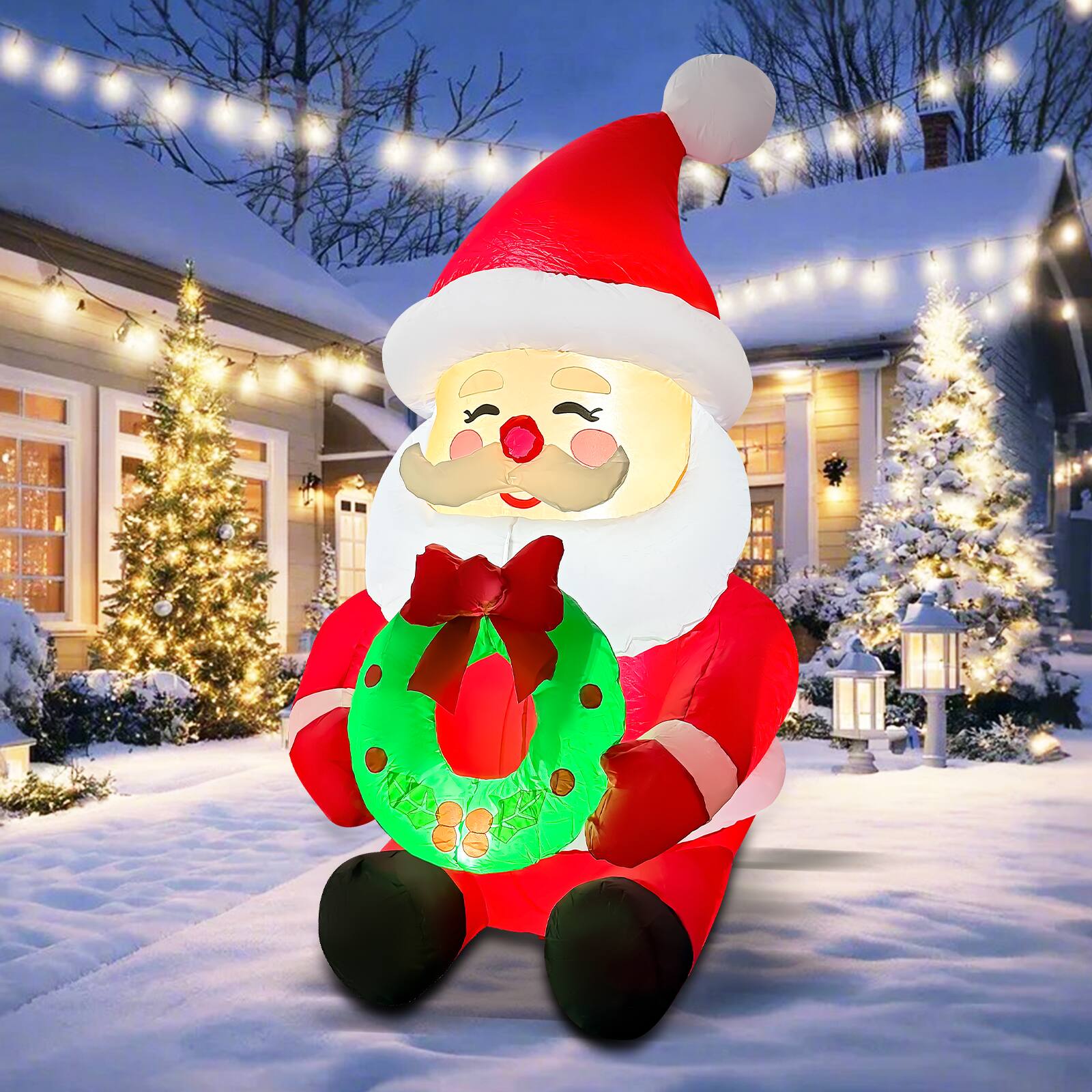 Back. GOOSH Inflatables - GOOSH 5.2FT Santa Holding Wreath Inflatable with LED Lights for Outdoor Christmas Décor - Red.
