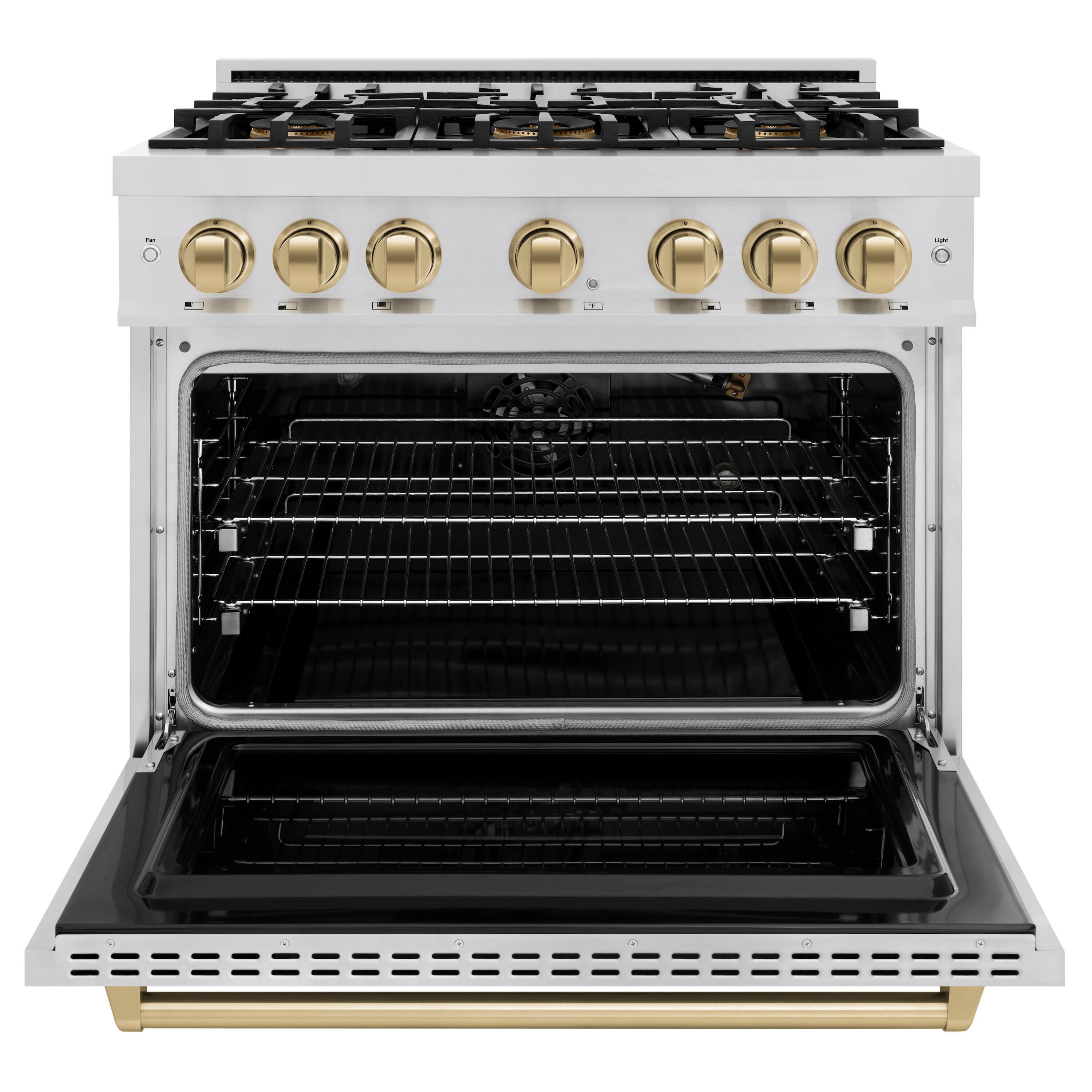 Angle. ZLINE - Autograph 36 in. 5.2 cu. ft. Classic Freestanding DuoPro Gas Range with Convection Oven & Champagne Bronze Accents - Stainless Steel.