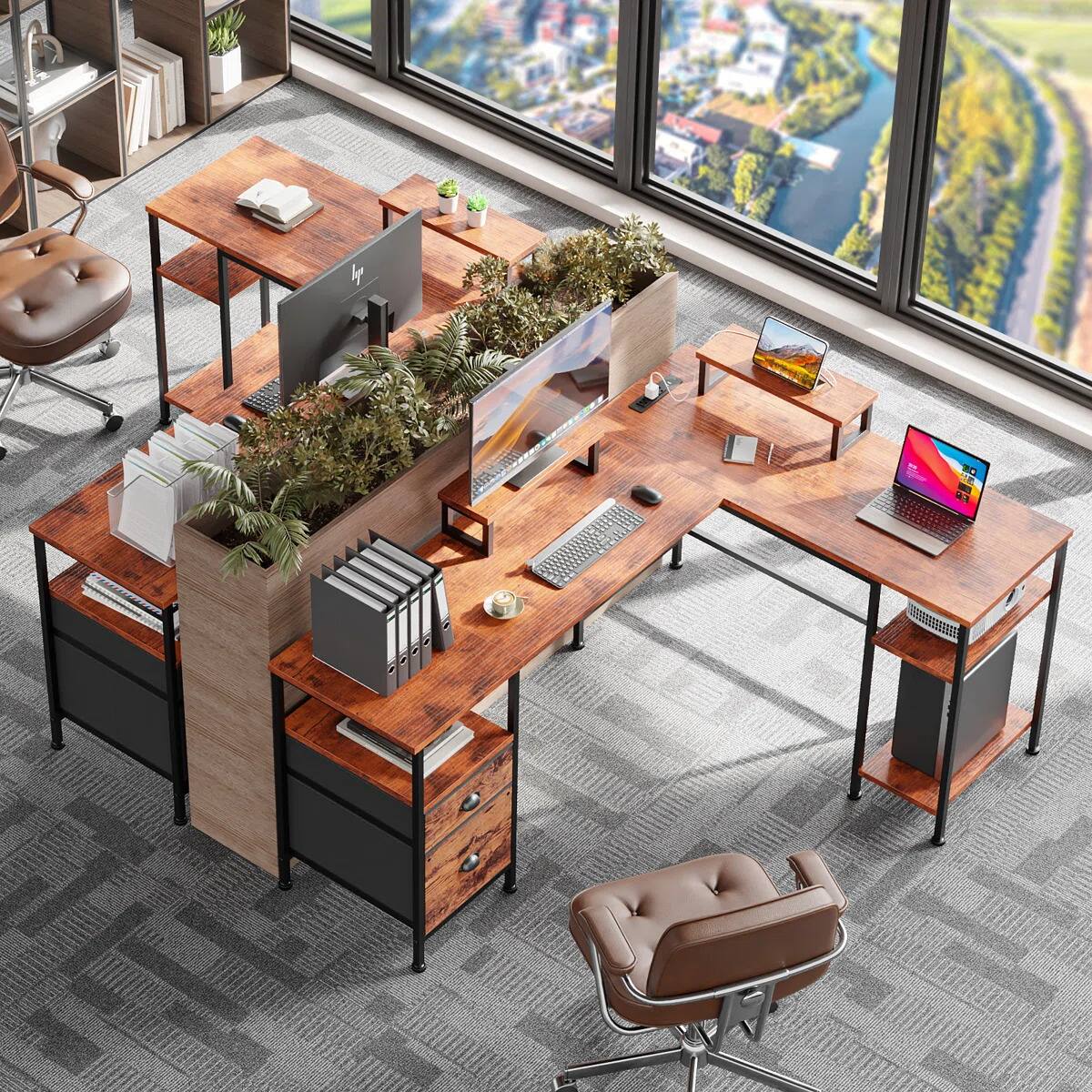 Alt View 3. Furnulem - 66 Inch LShaped Computer Desk with Dual Monitor Stands Power Outlet Cabinet  Drawers Metal Base Gaming Writing Desk - Brown.