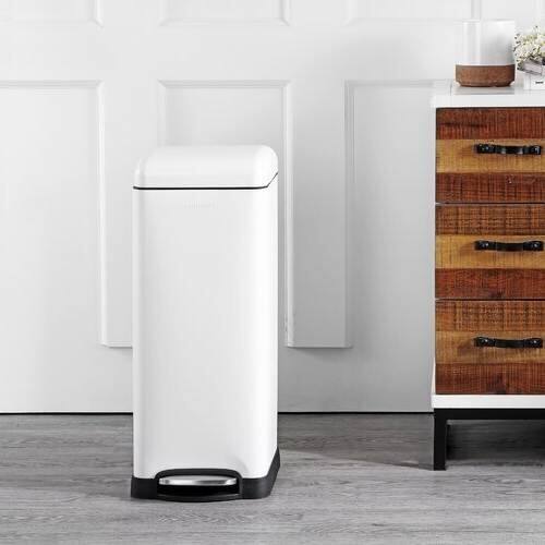Left. SlickBlue - Step-On Trash Can with Foot Pedal – Quiet, Easy-to-Use Waste Bin for Home or Office - White.