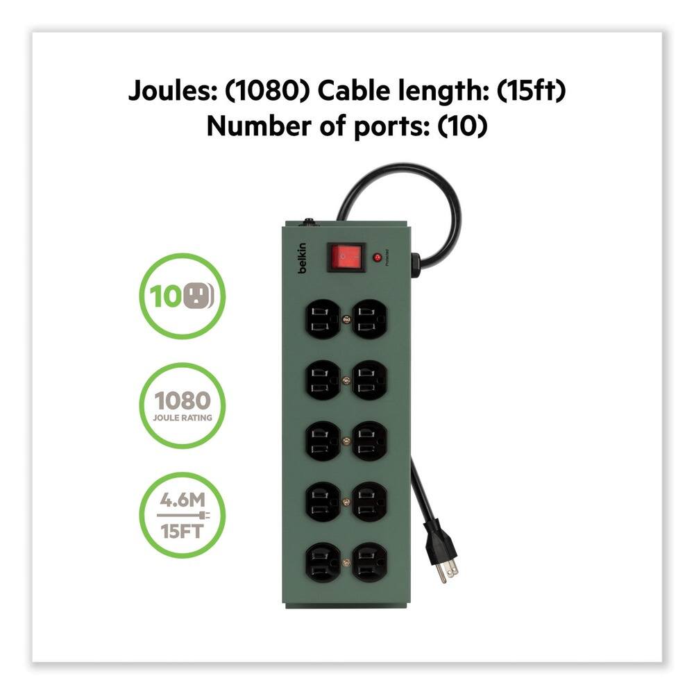 Joules: (1080)  
Cable length: (15ft)  
Number of ports: (10)  

10  
1080 JOULE RATING  
4.6M 15FT