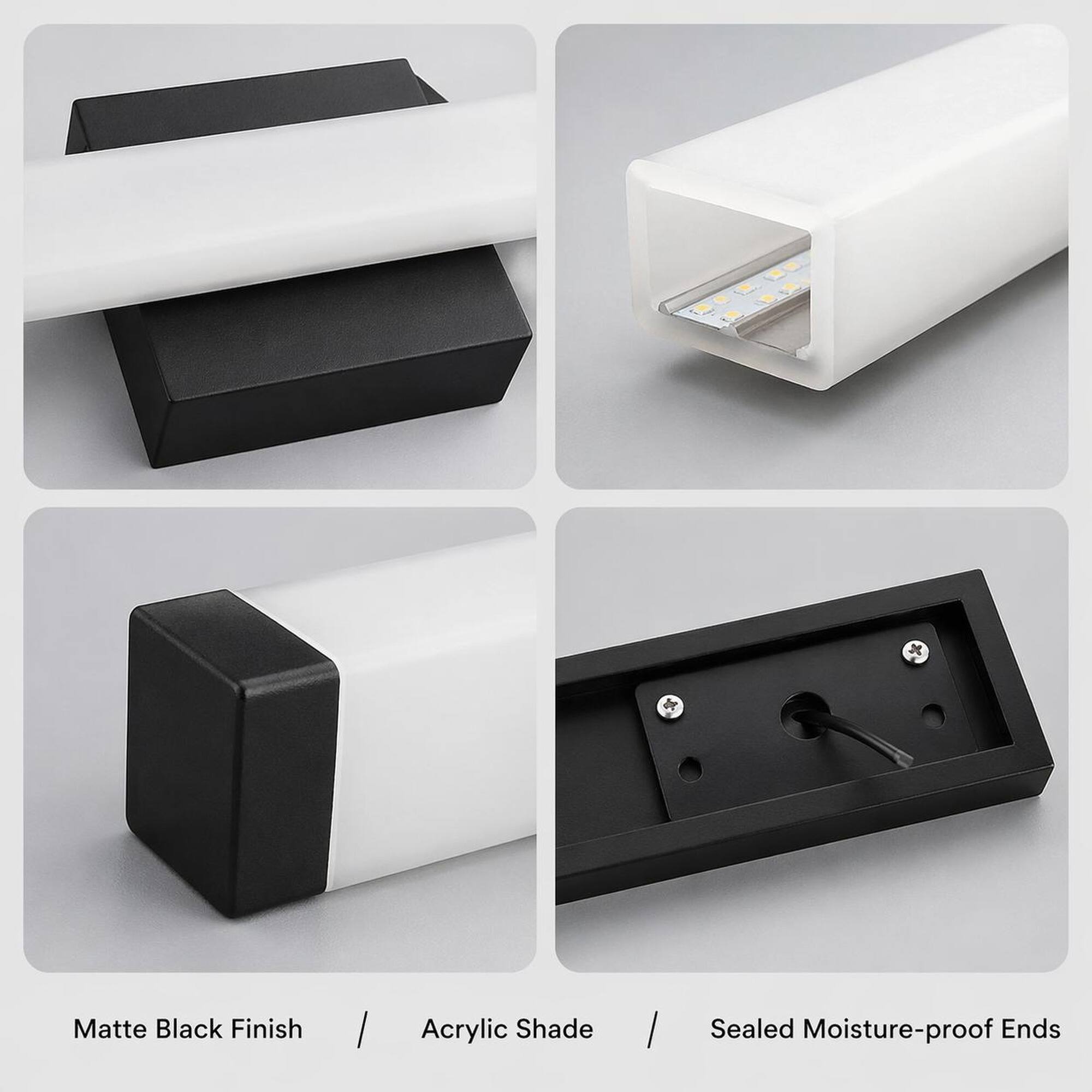 Matte Black Finish  
Acrylic Shade  
Sealed Moisture-proof Ends
