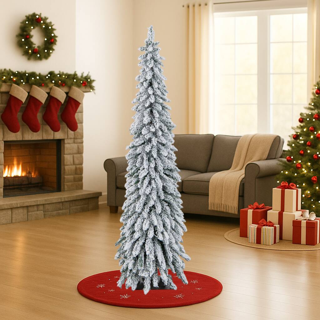 Angle. BreeBe - Pre-Lit Pencil Christmas Tree 4FT/5FT/6FT Snowy Slim Design - White.