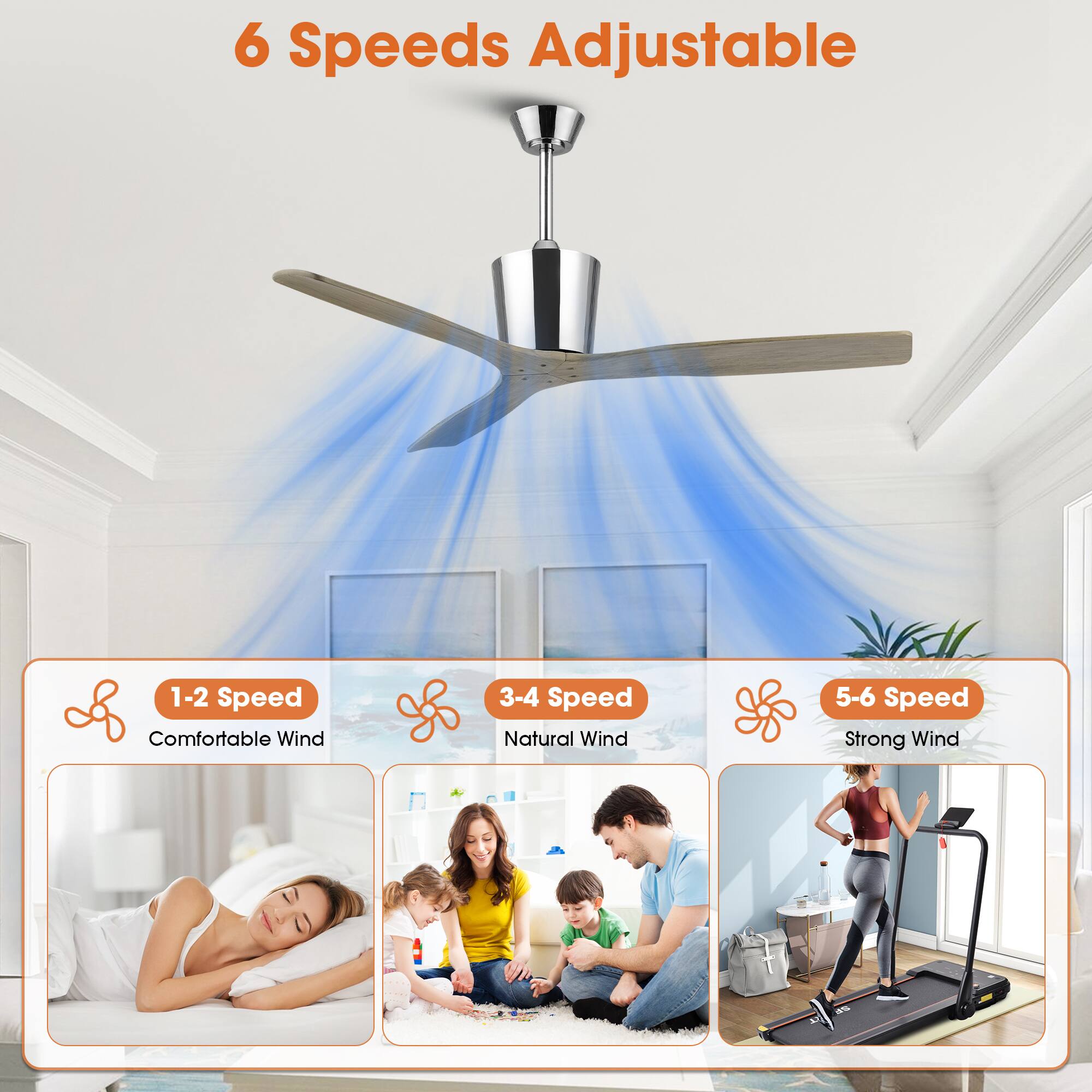 6 Speeds Adjustable

1-2 Speed  
Comfortable Wind

3-4 Speed  
Natural Wind

5-6 Speed  
Strong Wind