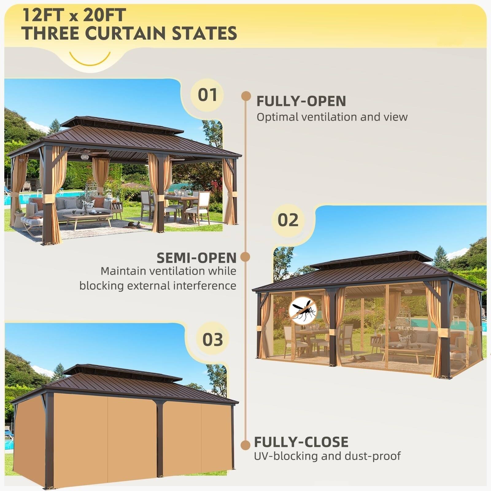 12FT x 20FT  
THREE CURTAIN STATES

01  
FULLY-OPEN  
Optimal ventilation and view

02  
SEMI-OPEN  
Maintain ventilation while blocking external interference

03  
FULLY-CLOSE  
UV-blocking and dust-proof