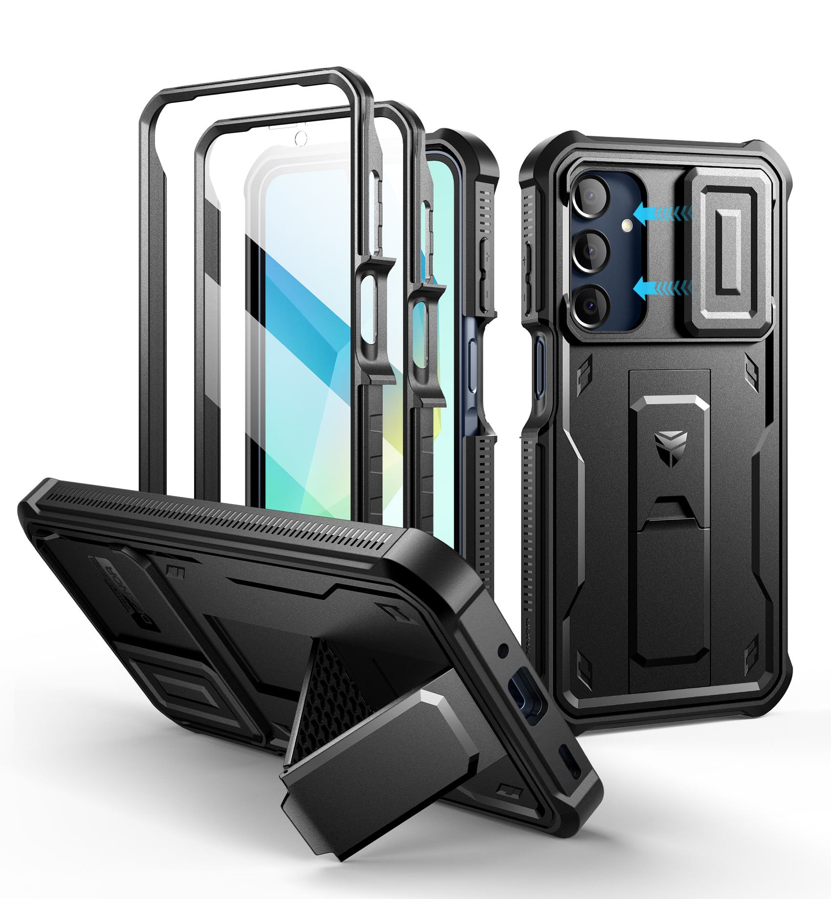 Front. dexnor - Dexnor Phone Case for Galaxy A16, Camera Cover, Kickstand, Protection with 2 Front Frame Screen Protector,Black - Black.