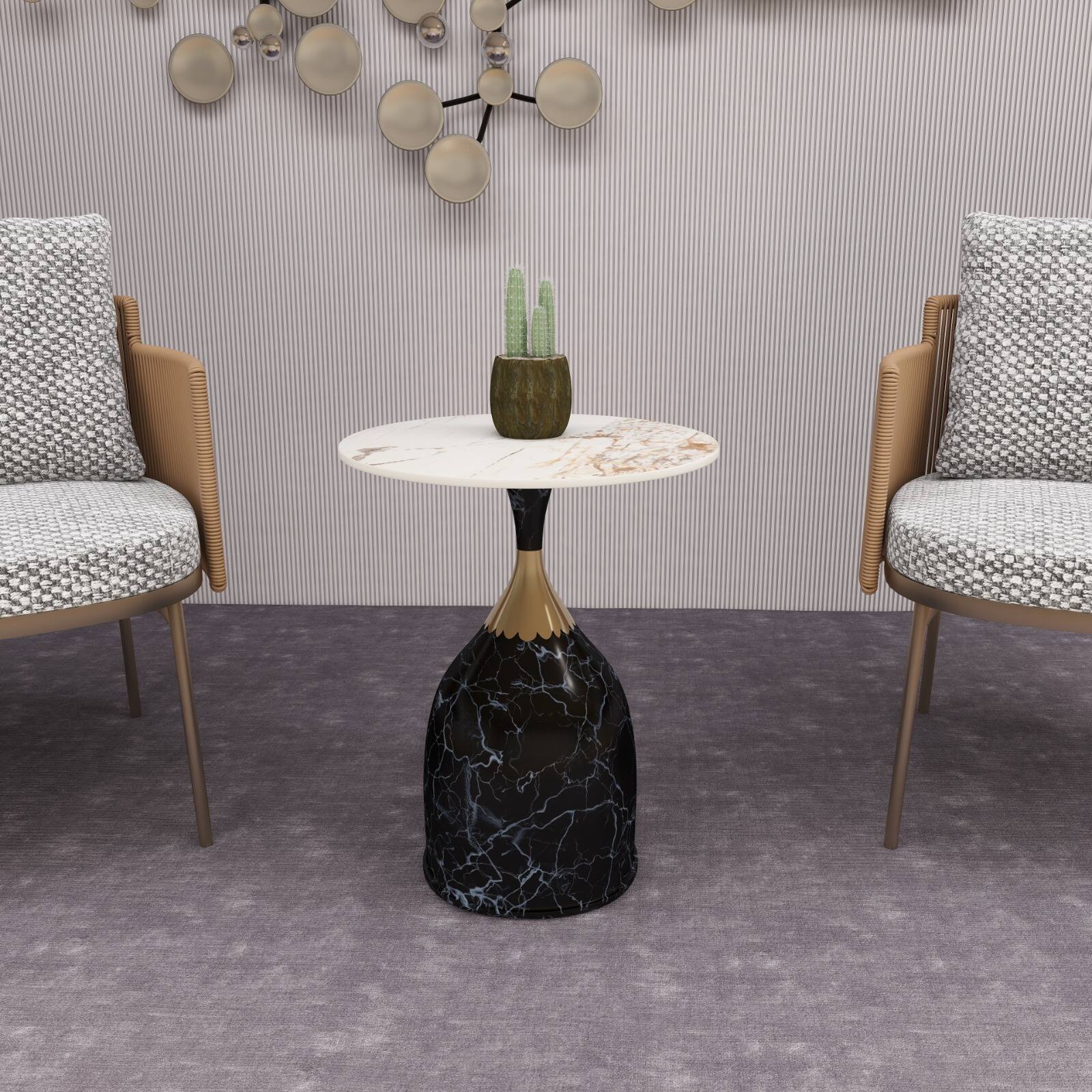 Left. LeisureMod - Modern Bell-Shaped Steel Top Accent Table with Powder Coated Finish for Living Room or Office - Stone Black.