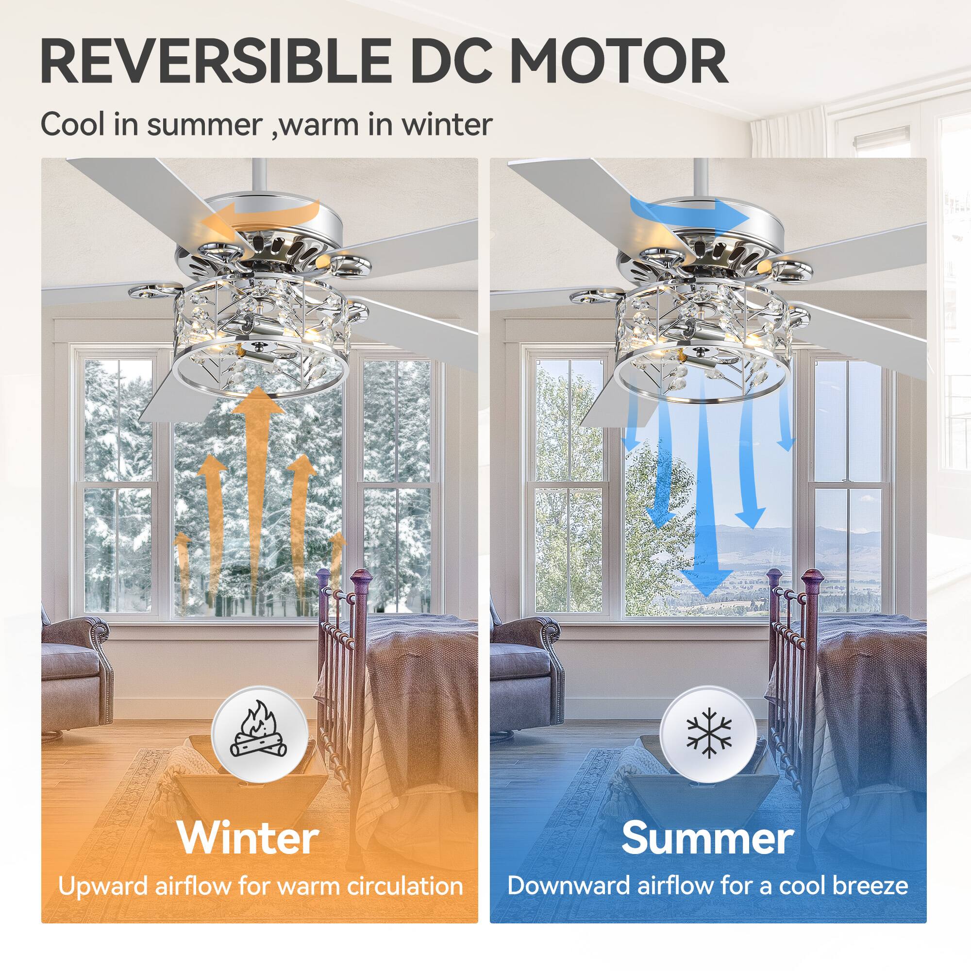 REVERSIBLE DC MOTOR  
Cool in summer, warm in winter  

Winter  
Upward airflow for warm circulation  

Summer  
Downward airflow for a cool breeze