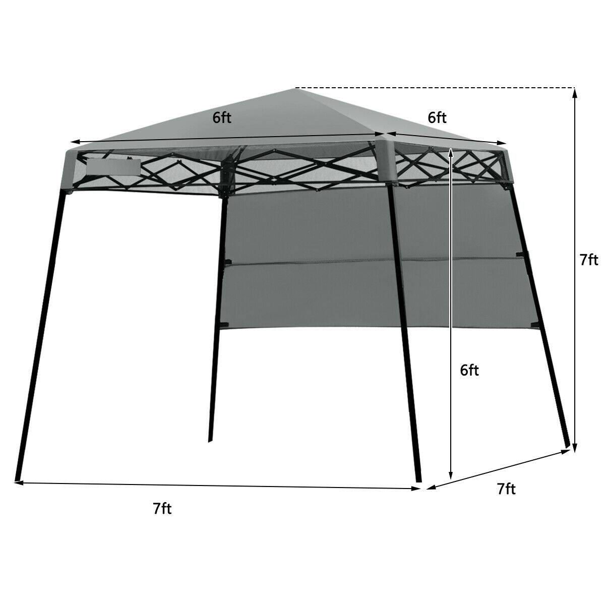 The dimensions of the tent are as follows:

- Width: 7ft
- Length: 7ft
- Height: 6ft
- Side height: 7ft