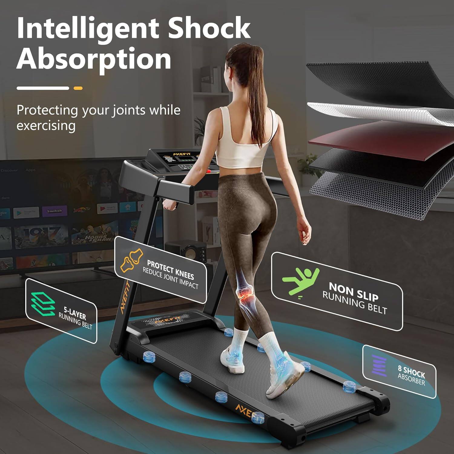 Intelligent Shock Absorption  
Protecting your joints while exercising  

- 5-Layer Running Belt  
- Protect Knees Reduce Joint Impact  
- Non Slip Running Belt  
- 8 Shock Absorber